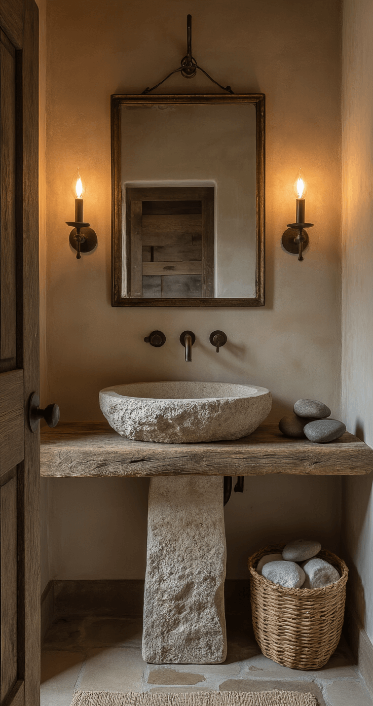An intimate wabi-sabi powder room featuring a rough-hewn stone pedestal sink under a tarnished brass mirror, with warm light from an iron sconce illuminating uneven plaster walls and a reclaimed barn wood door. A handmade woven basket with rolled towels and a cluster of river rocks on a weathered shelf enhance the rustic charm of the space. The slightly elevated camera angle showcases the textures and soft shadows that create depth and intimacy.