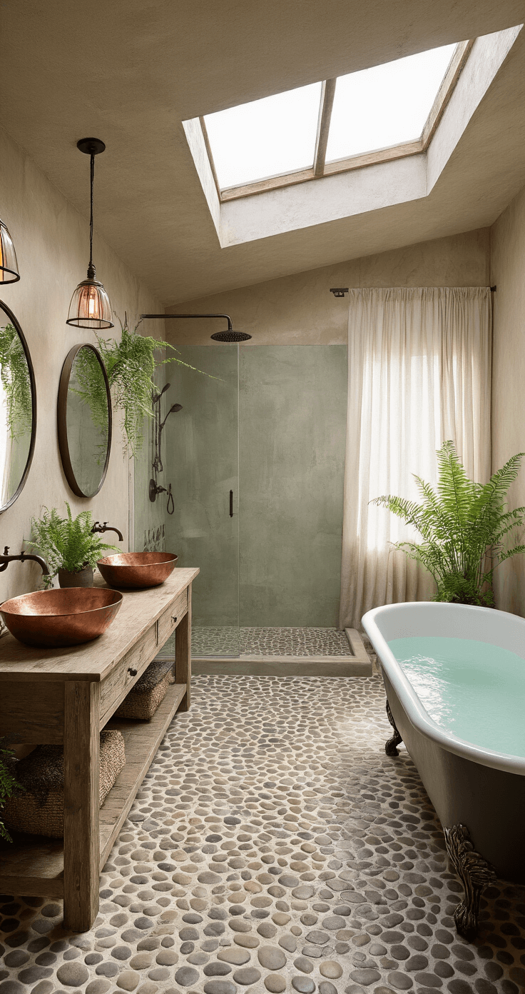 A spacious wabi sabi master bathroom featuring a walk-in shower with pebble flooring, a distressed wood double vanity with copper sinks, and a freestanding clawfoot tub, all bathed in natural light from a skylight.