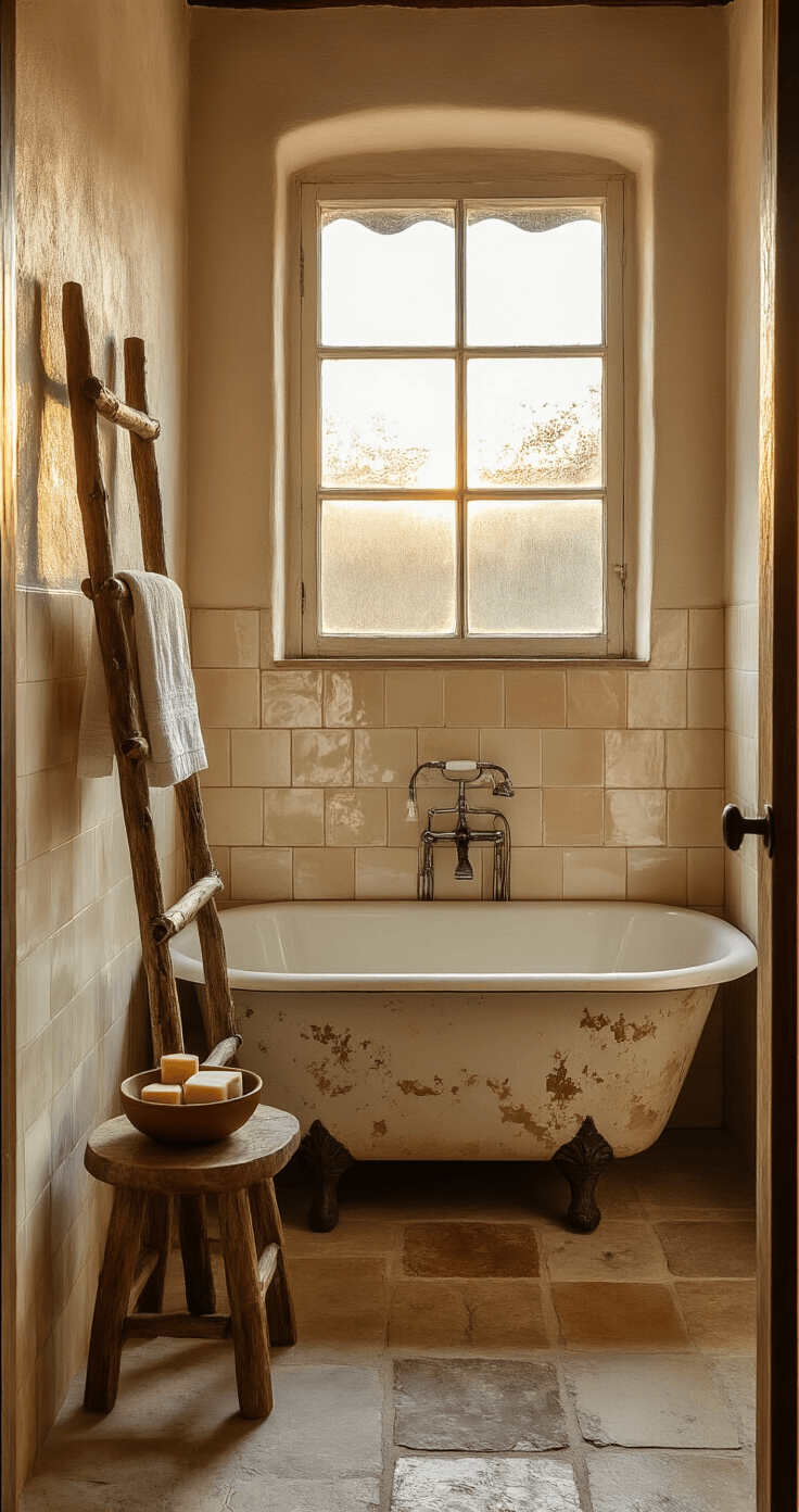 A cozy wabi sabi guest bathroom at sunset, featuring a vintage clawfoot tub with chipped enamel, handmade ceramic tile walls in cream and beige, a weathered branch towel rack, a wooden stool with handmade soaps, and uneven slate tile flooring, all bathed in warm light from a small window.