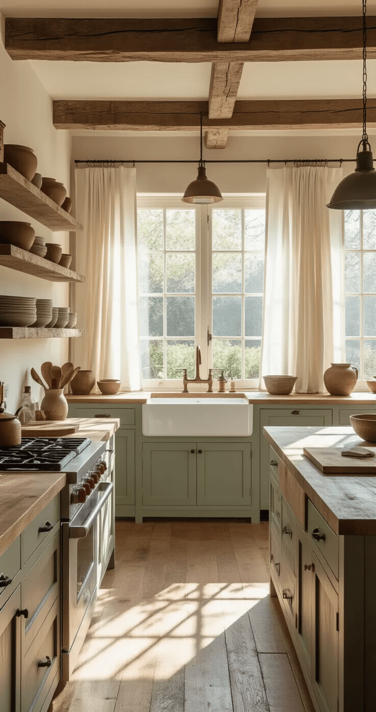 A spacious wabi-sabi kitchen with soft morning light, featuring exposed wooden beams, walnut open shelving with handmade ceramics, a farmhouse sink with a copper faucet, a live-edge slab island, muted sage green cabinets, and natural materials throughout.