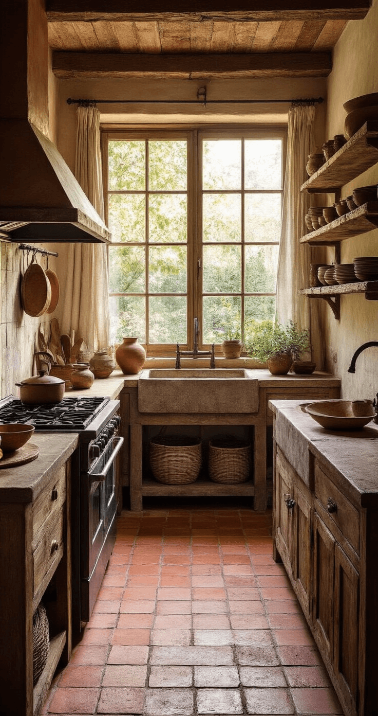 An intimate wabi-sabi kitchen at golden hour with warm honeyed light, featuring distressed terracotta floor tiles, floor-to-ceiling windows overlooking a lush garden, a patina'd copper range hood over a vintage cast iron stove, open shelving with earthenware plates, a veined stone sink under a gauzy linen window, and handwoven baskets hanging from rough-hewn beams, all in warm ochres, soft greys, and muted greens.