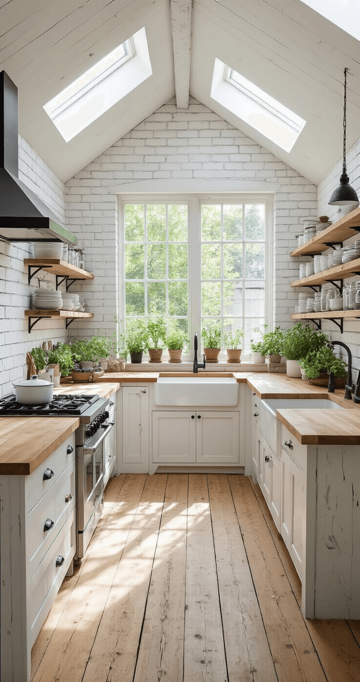 A bright wabi-sabi kitchen with whitewashed brick walls, wide-plank pine flooring, a live-edge maple island, and a farmhouse soapstone sink, illuminated by sunlight through skylights, featuring open blackened steel shelves with white dishes and potted herbs on windowsills.