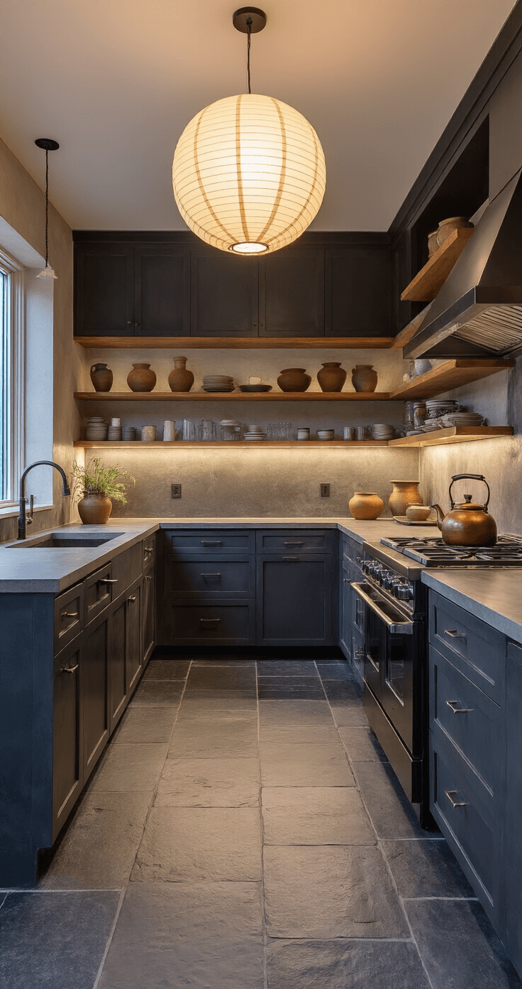 A serene wabi-sabi kitchen at twilight, featuring slate flooring, polished concrete countertops, floor-to-ceiling charcoal cabinets, pale pine open shelving with handmade pottery, a vintage copper tea kettle on a cast iron stove, and a warm color palette of greys, woods, and greens, illuminated by under-cabinet lights and a large paper lantern.