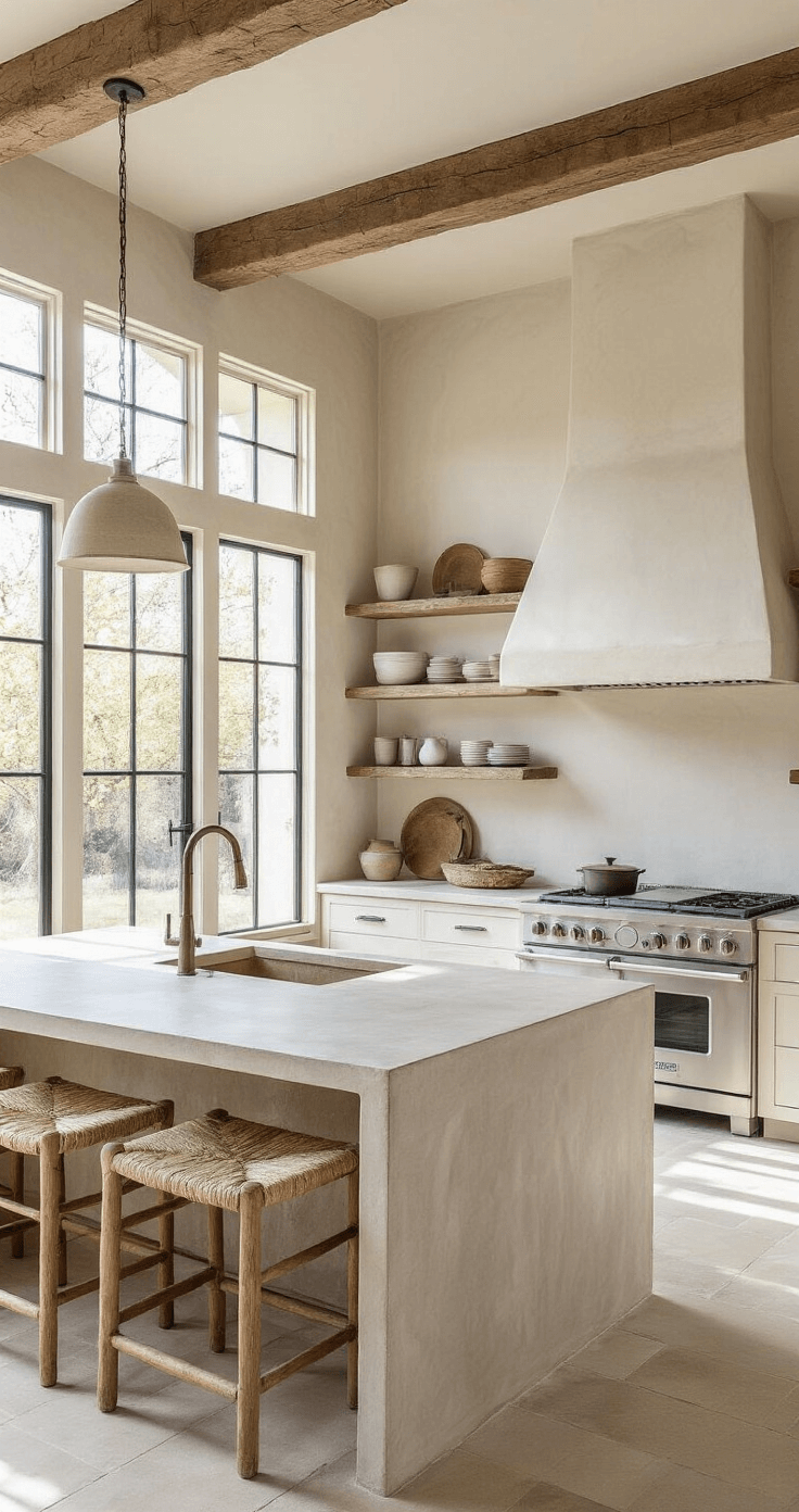 An airy 13x15ft wabi-sabi kitchen with soaring ceilings and exposed wooden trusses, featuring a wall of windows, hand-troweled plaster walls, a poured concrete island, vintage stoneware on open shelving, and a large limestone farmhouse sink, all in warm whites, pale greys, and deep indigo accents.