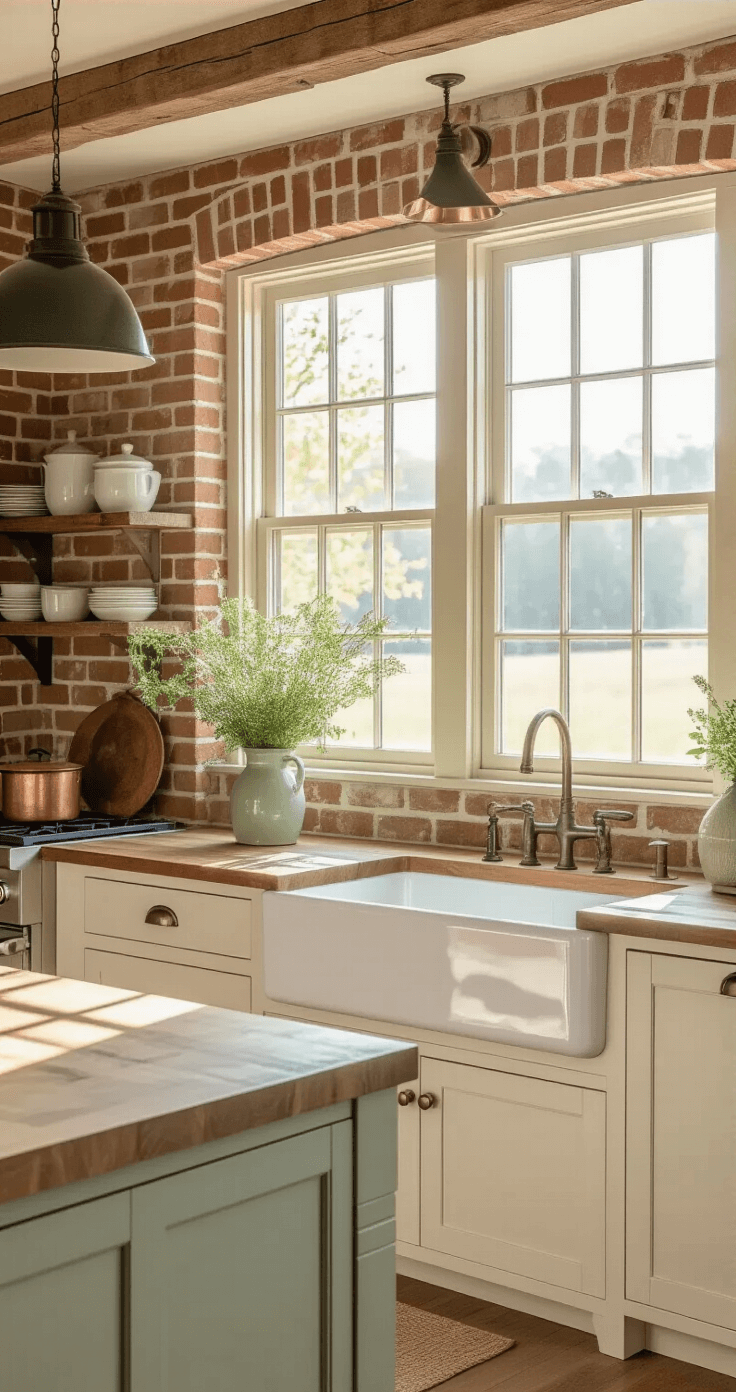 Upgrading Your Kitchen with a Farmhouse Tile Backsplash: A Complete Guide A warm and inviting farmhouse kitchen featuring a striking weathered red brick backsplash, white shaker cabinets, a large farmhouse sink, and a butcher block island, all illuminated by morning light streaming through large windows. Soft sage green accents add a touch of color.