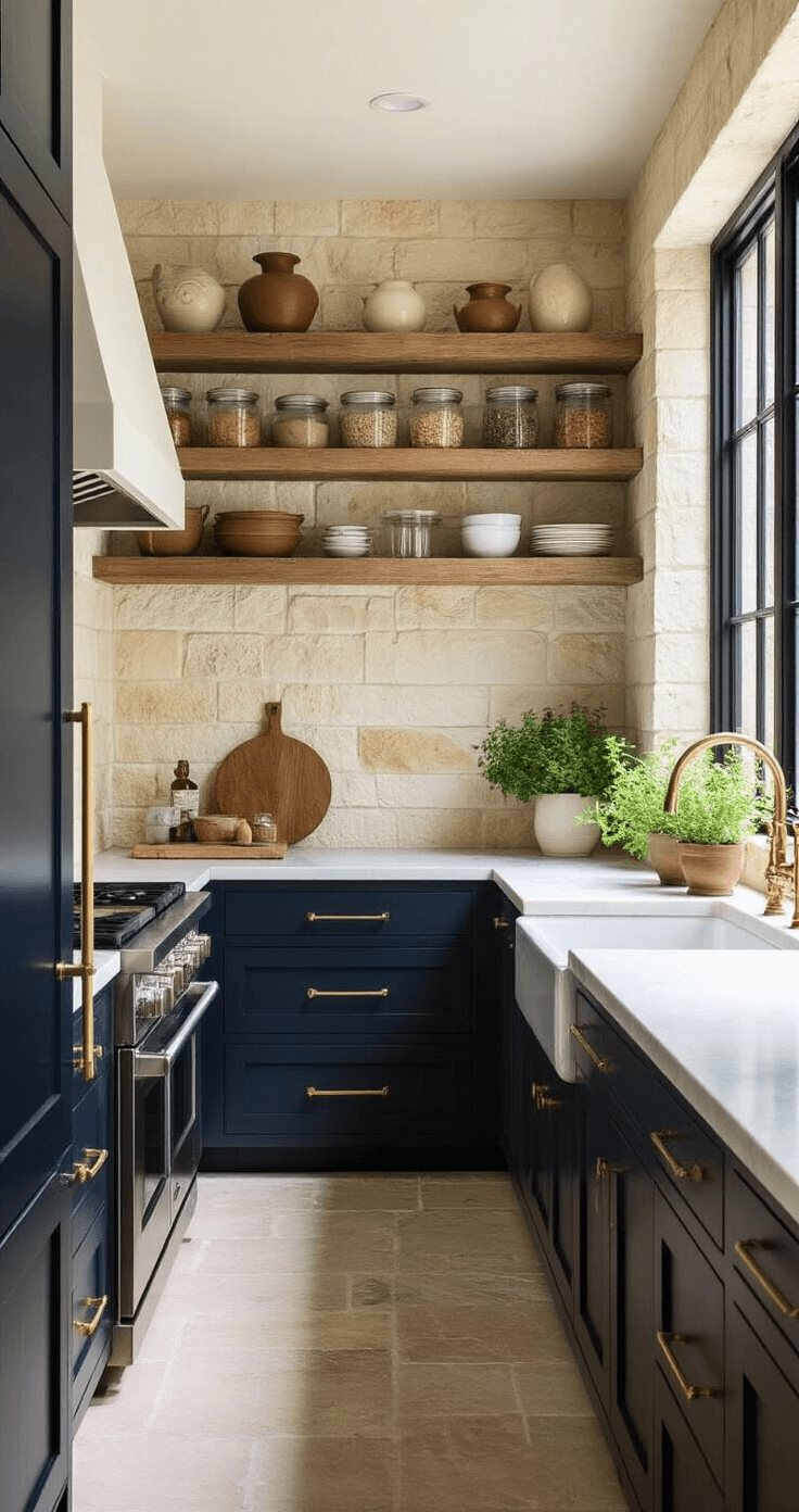 Upgrading Your Kitchen with a Farmhouse Tile Backsplash: A Complete Guide A cozy 8x10ft galley kitchen featuring a creamy limestone backsplash, dark navy cabinets, open wooden shelving with artisanal pottery, and a small butcher's block. Soft afternoon light highlights the warmth of brass hardware and a vintage faucet, while potted herbs on the windowsill add a touch of greenery.