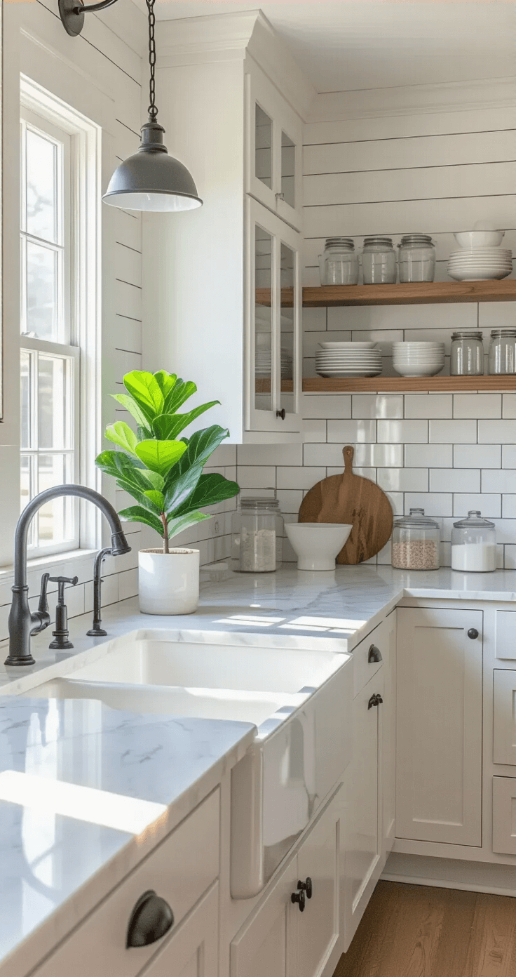 Upgrading Your Kitchen with a Farmhouse Tile Backsplash: A Complete Guide Bright, airy kitchen corner with white subway tile backsplash, shiplap wall, farmhouse sink, marble countertops, and open shelving, illuminated by morning light.