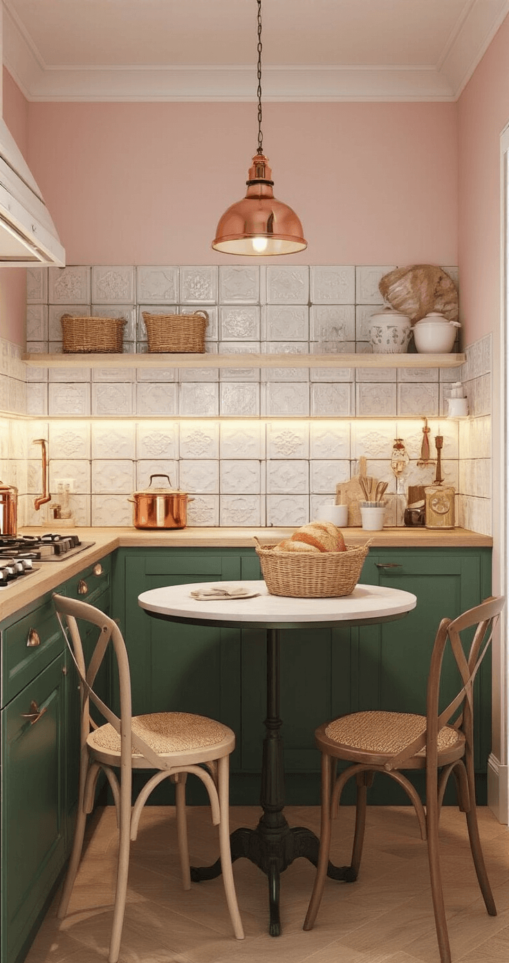 Upgrading Your Kitchen with a Farmhouse Tile Backsplash: A Complete Guide Cozy kitchen nook with vintage tin tiles, blush pink walls, deep green cabinets, round table with mismatched chairs, copper accents, and a basket of fresh bread, illuminated by warm evening light.