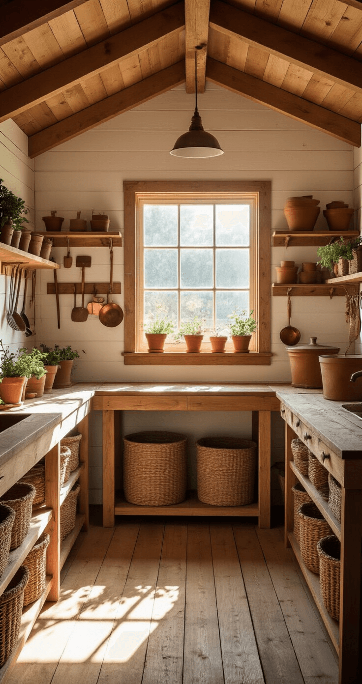 Interior of a sunlit wooden garden shed featuring organized tools on pegboards, terracotta pots on cedar shelves, and a vintage workbench, with dust particles illuminated by morning light.