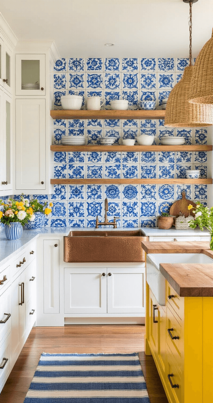 Upgrading Your Kitchen with a Farmhouse Tile Backsplash: A Complete Guide An eclectic kitchen showcasing blue and white Portuguese-inspired ceramic tile backsplash, white upper cabinets, and wooden shelving. A rustic hammered copper farmhouse sink is featured, with a cheerful yellow island topped with butcher block. Woven pendant lights hang above, illuminating fresh flowers in a blue and white striped vase. The scene is bathed in late afternoon golden light, highlighting the tile texture and creating dynamic shadows.