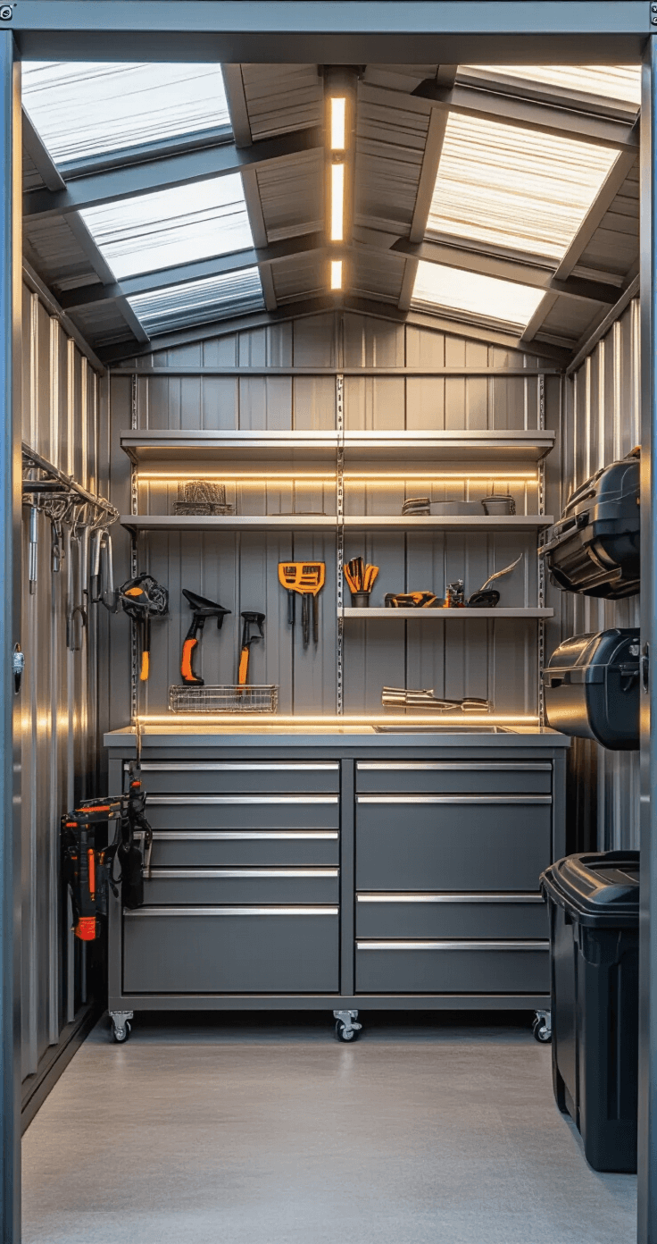 Interior of a modern metal garden shed, showcasing sleek aluminum tool racks and galvanized metal shelving under golden hour lighting. The design features modular storage in gunmetal grey, brushed steel, and LED strip lighting emphasizing industrial greys and metallic finishes.