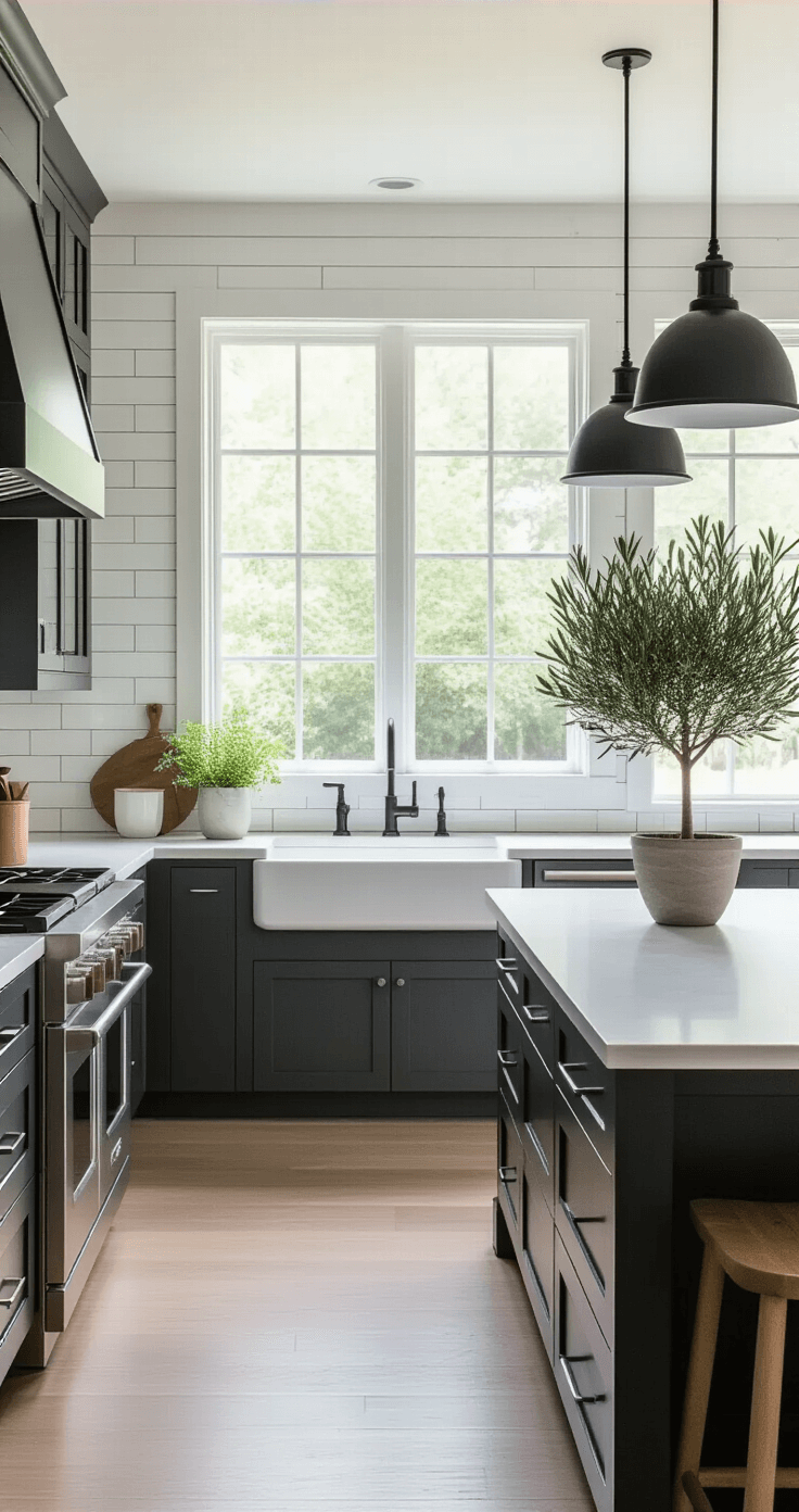 Upgrading Your Kitchen with a Farmhouse Tile Backsplash: A Complete Guide A modern farmhouse kitchen featuring a large island with a waterfall quartz countertop, sleek charcoal grey cabinets, and a dual backsplash of white subway tile and shiplap, illuminated by soft daylight through a large picture window.