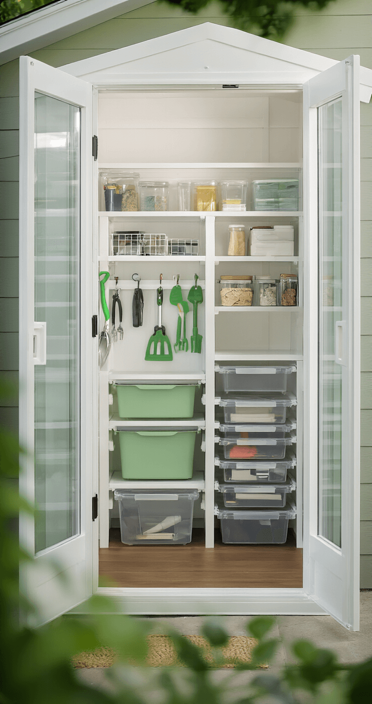 A compact 4x2ft resin garden shed interior seen from the doorway, featuring a contemporary white design with organized vertical storage solutions, color-coordinated garden tools, labeled clear storage containers, and adjustable shelving in a fresh color palette of whites and sage green.
