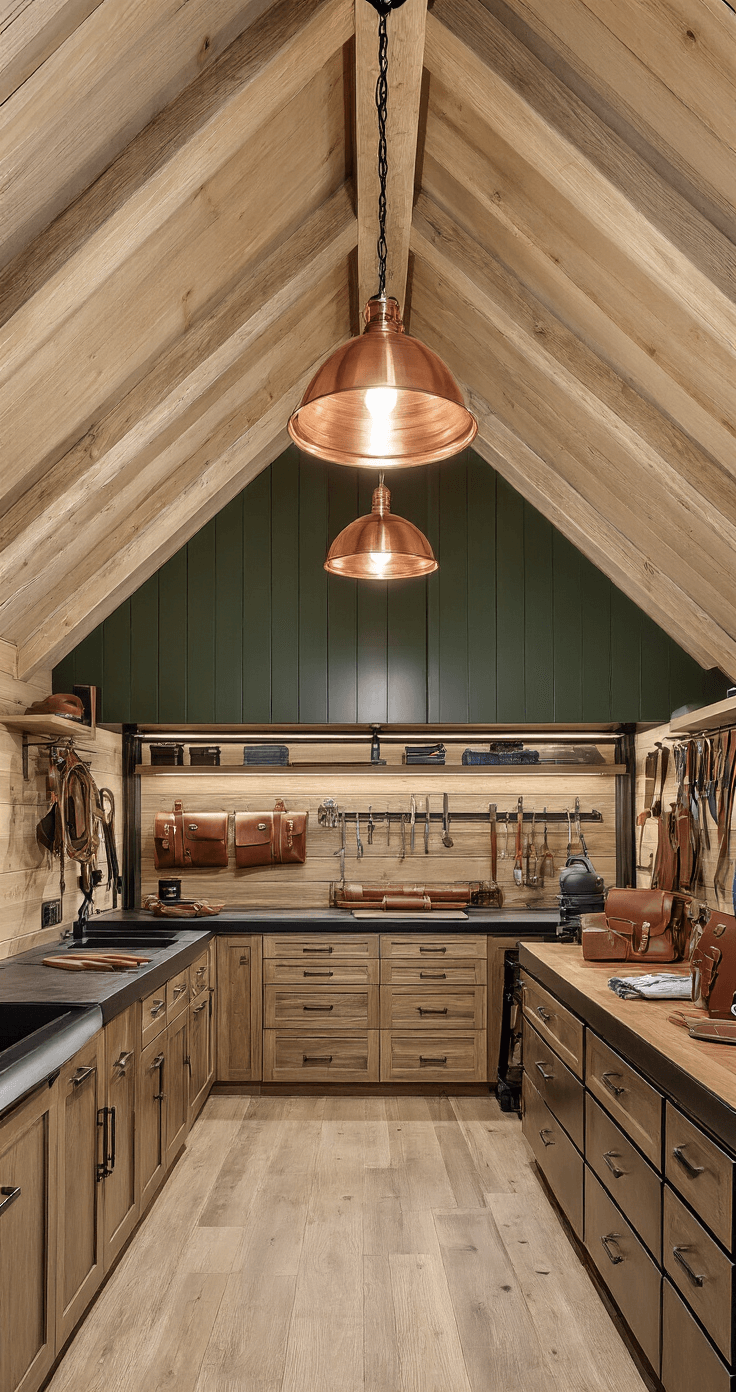 An elevated view of a luxurious 8x4ft hybrid shed interior, featuring a wood and metal construction with a cathedral-style ceiling, custom oak cabinetry showcasing professional-grade equipment, leather tool rolls, and artisanal storage solutions, illuminated by a warm copper pendant light, with a rich color scheme of deep browns, aged brass, and forest green, complemented by moody professional lighting.