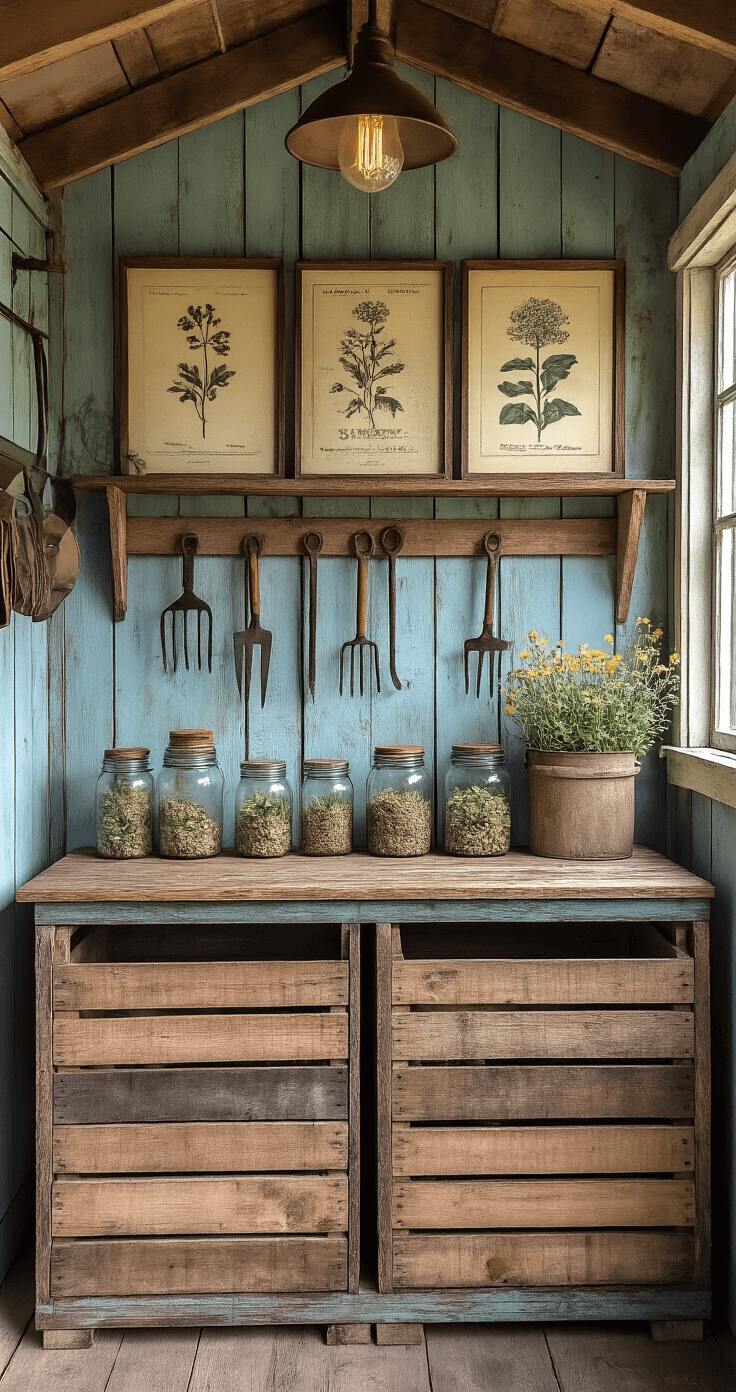Interior of a charming vintage-style shed with distressed shiplap walls, antique garden tools, rustic wooden crates, and mason jars filled with supplies, all illuminated by morning light; framed vintage botanical prints adorn the window, showcasing a nostalgic color palette of faded blues, rustic browns, and vintage cream.