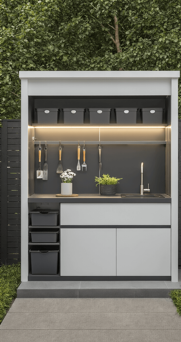 A contemporary 6x4ft garden shed workspace features clean lines and a minimalist design, with wall-mounted monochromatic tool storage, a sleek potting station with an integrated sink, and smart storage solutions. The materials used include smooth laminate, brushed steel, and tempered glass, in a color scheme of charcoal grey, white, and matte black, enhanced by architectural lighting that highlights geometric elements.