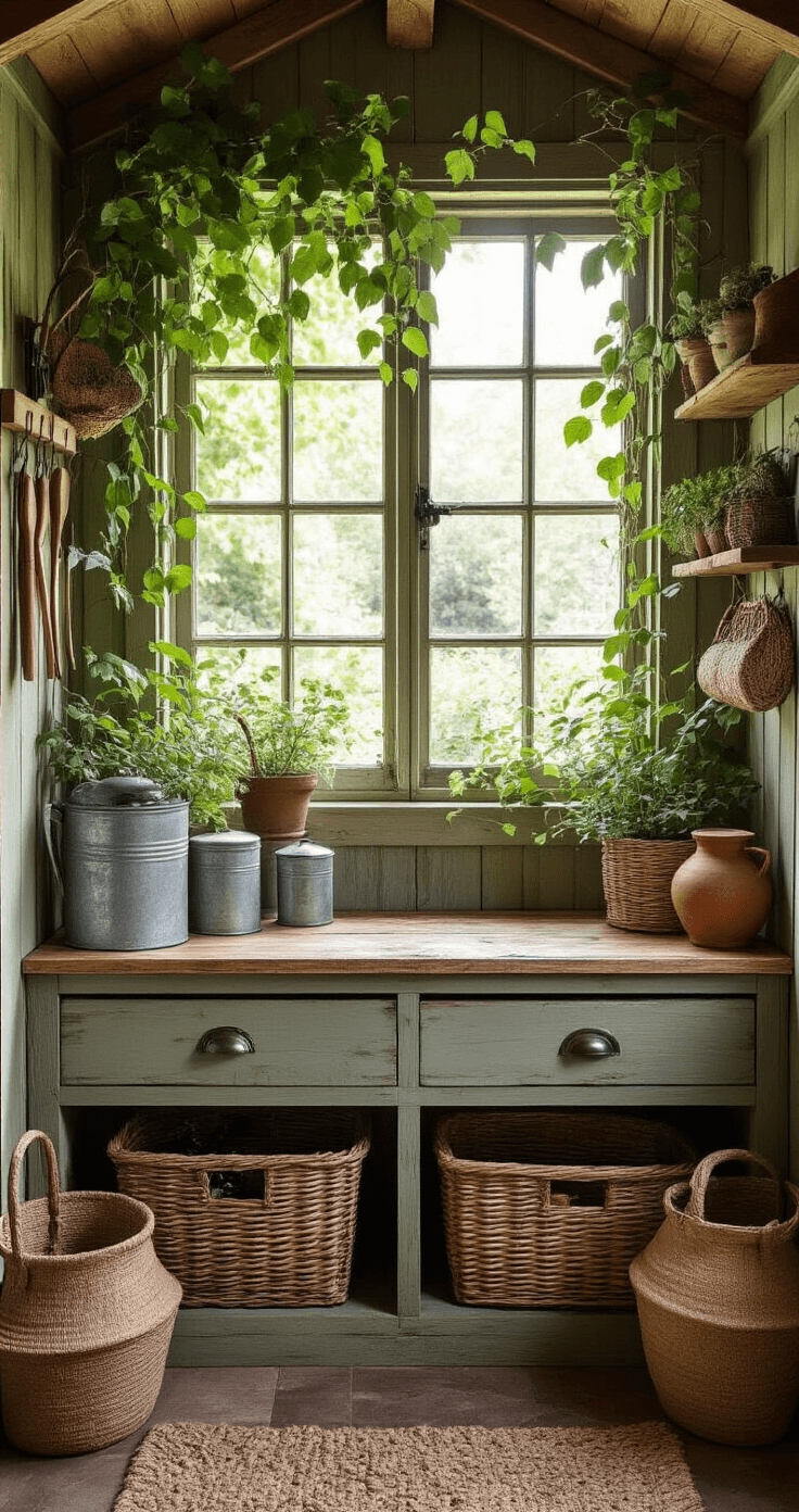 Cozy interior of a small cottage-style shed, featuring climbing vines framing a window, hand-crafted wooden tool holders, vintage seed storage drawers, weathered zinc containers with garden essentials, natural fiber baskets, and earthenware pots, all in a soft color palette of sage, weathered grey, and natural browns.