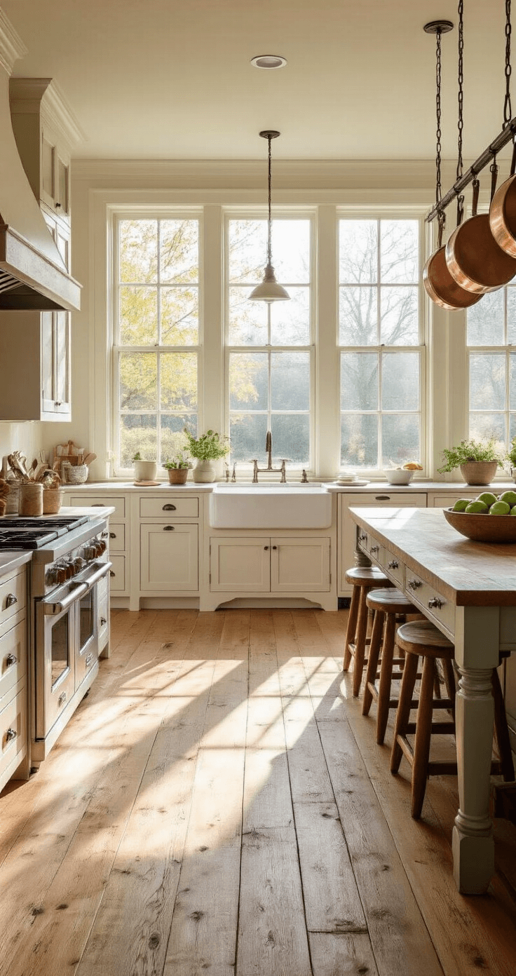 A spacious farmhouse kitchen with warm morning light, featuring wide-plank oak flooring, a large farmhouse sink, white shaker cabinets, a butcher block island with vintage stools, hanging copper pots, and a bowl of fresh apples.