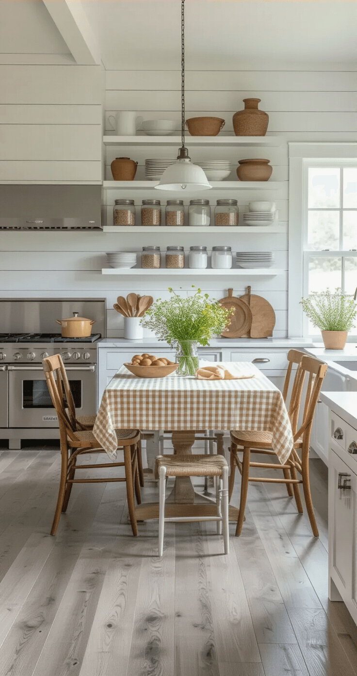 An L-shaped farmhouse kitchen with grey oak flooring, white open shelving filled with earthenware and mason jars, a farmhouse table with mismatched chairs and a gingham tablecloth, shiplap paneling, stainless steel appliances, and a color scheme of greys, whites, and butter yellow, illuminated by soft afternoon light.