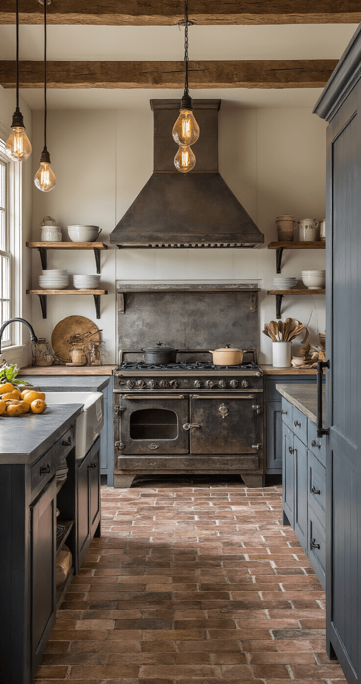 Cozy farmhouse kitchen featuring a vintage cast iron stove under warm Edison bulb lighting, with herringbone-patterned porcelain tiles, open shelving of cookware, exposed wooden beams, and a sliding barn door, captured in an intimate close-up.
