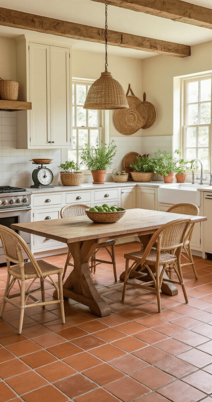 A sunlit farmhouse kitchen featuring terracotta tile flooring, white-washed cabinets, a large wooden table, mix-and-match chairs, woven baskets, and green plants in terracotta pots. Sunlight creates a warm interplay of light and shadow across the textured floor.