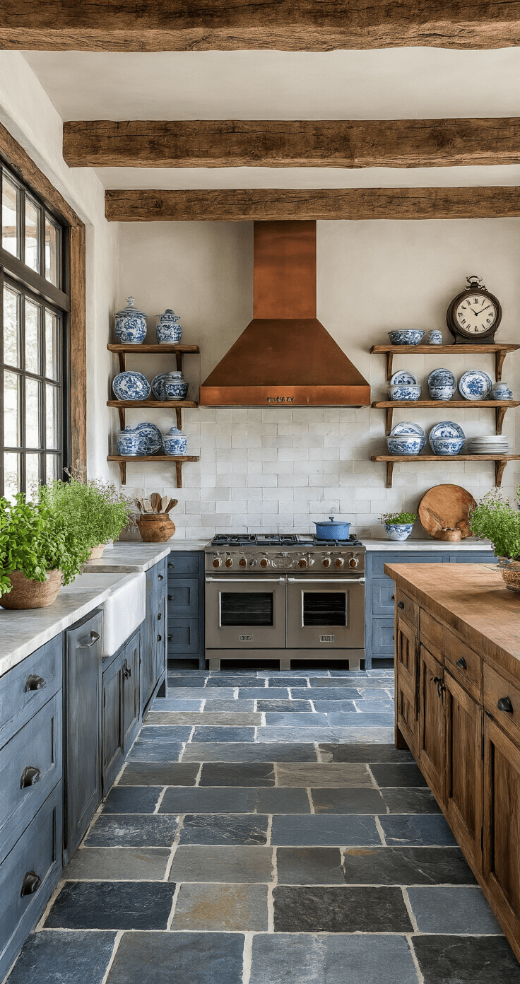 A rustic farmhouse kitchen with natural slate flooring, featuring rough-hewn wooden beams, open shelving with blue and white china, a copper hood over the range, and fresh herbs in a window box, captured from a low angle to emphasize the floor's texture.