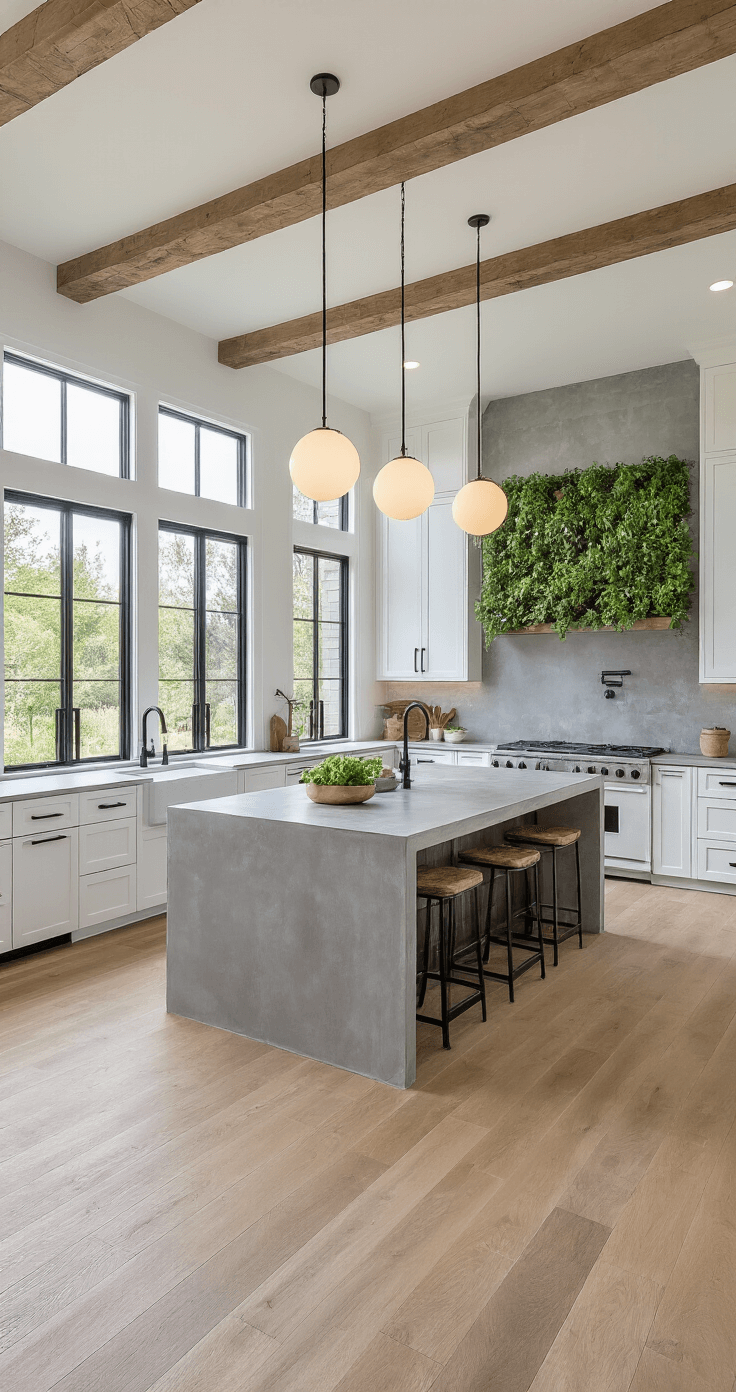 A modern farmhouse kitchen featuring wide-plank white oak flooring, large grey porcelain tiles, a concrete countertop island with globe pendants, floor-to-ceiling windows, white cabinets with black hardware, and a vertical herb garden, captured from an overhead perspective.