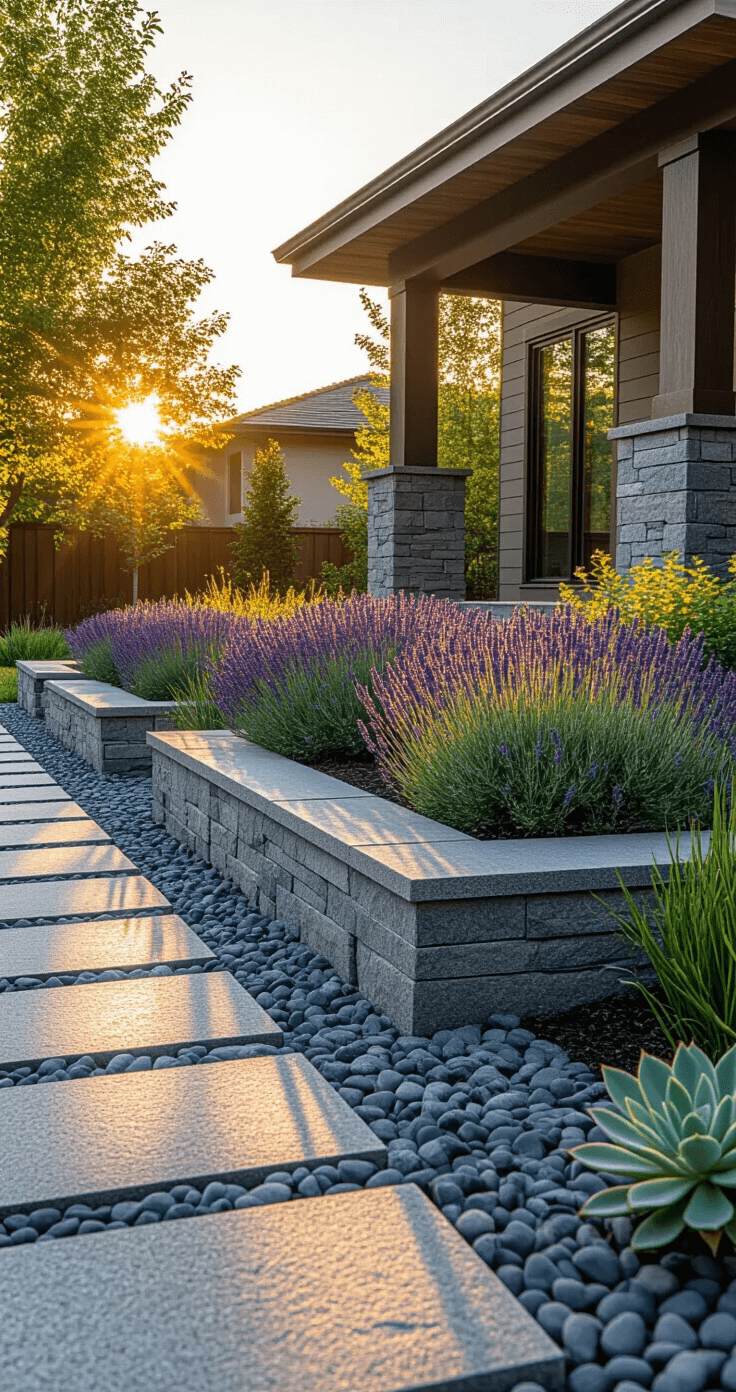Wide-angle shot of a modern stone garden bed in front of a craftsman-style home, featuring varying shades of gray granite stones. The 12x4ft raised bed has clean lines and holds drought-resistant lavender and silver-leafed artemisia. Architectural succulents add height, while golden hour sunlight casts long shadows across the textures of the stone.