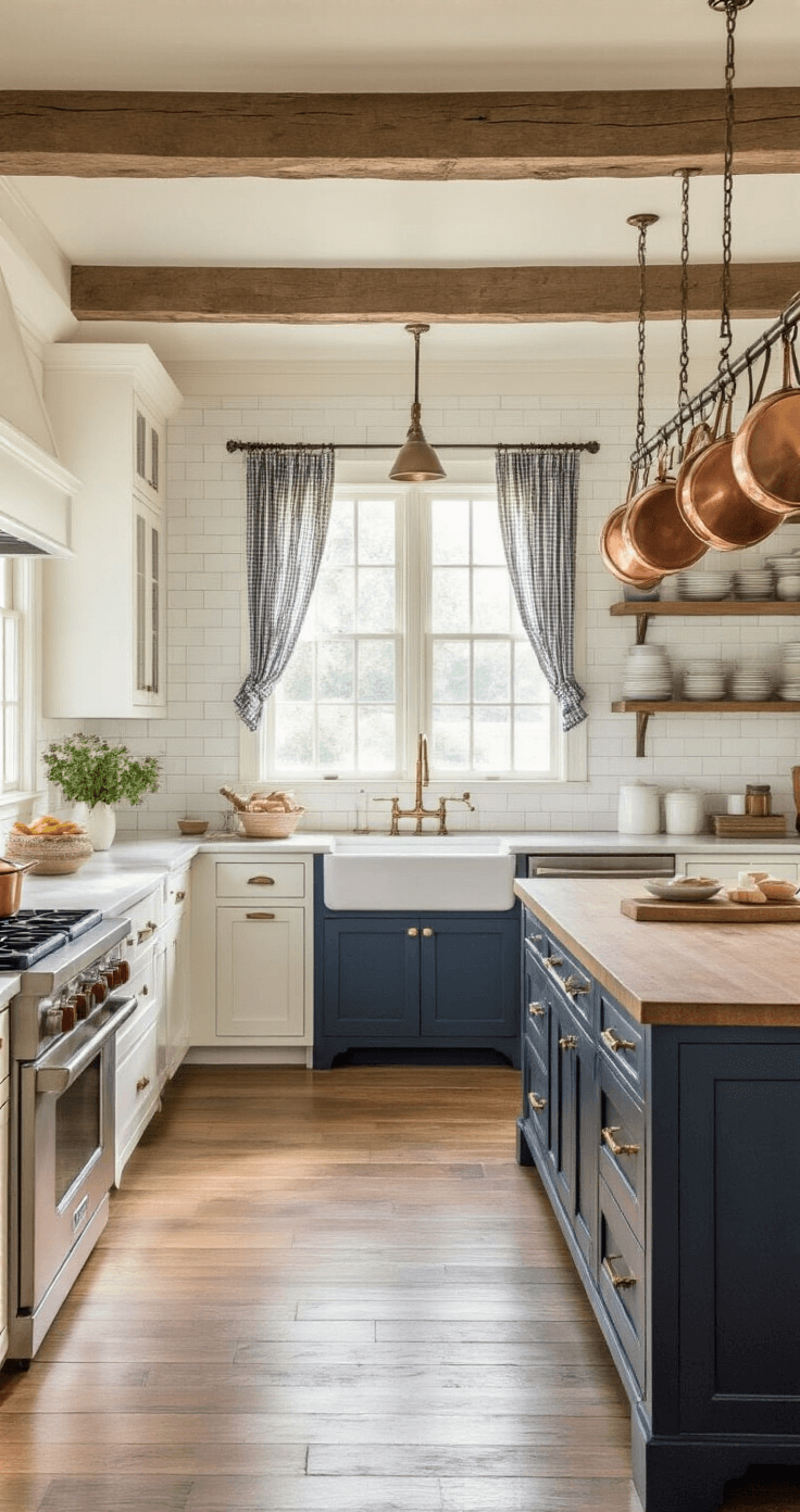 Spacious farmhouse kitchen with warm morning light, featuring white shaker cabinets, a distressed navy blue island, copper pots, cream subway tile backsplash, butcher block countertops, vintage brass hardware, a farmhouse sink with gingham curtains, and wide-plank oak floors.