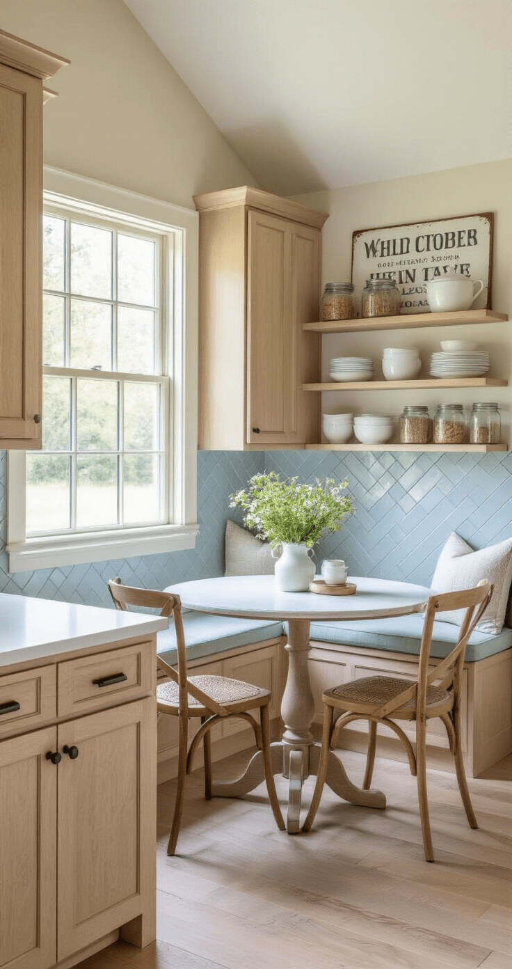 A cozy farmhouse kitchen nook featuring vaulted ceilings, light-stained wood cabinets, white quartz countertops, and a pale blue herringbone tile backsplash. A round table with mismatched chairs is adorned with fresh wildflowers, while open shelving displays white ceramic dishes and mason jars. A vintage enamel sign adds rustic charm, with natural light streaming through a bay window, enhancing the warm wood tones in the low angle shot.