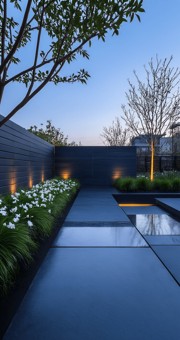 Dusk view of a contemporary slate garden bed in an urban environment, featuring a 10x3ft linear design with dark charcoal slate, minimal black mondo grass, and white jasmine. Wet slate surfaces reflect cool blue twilight and accent lighting from below enhances the geometric precision.