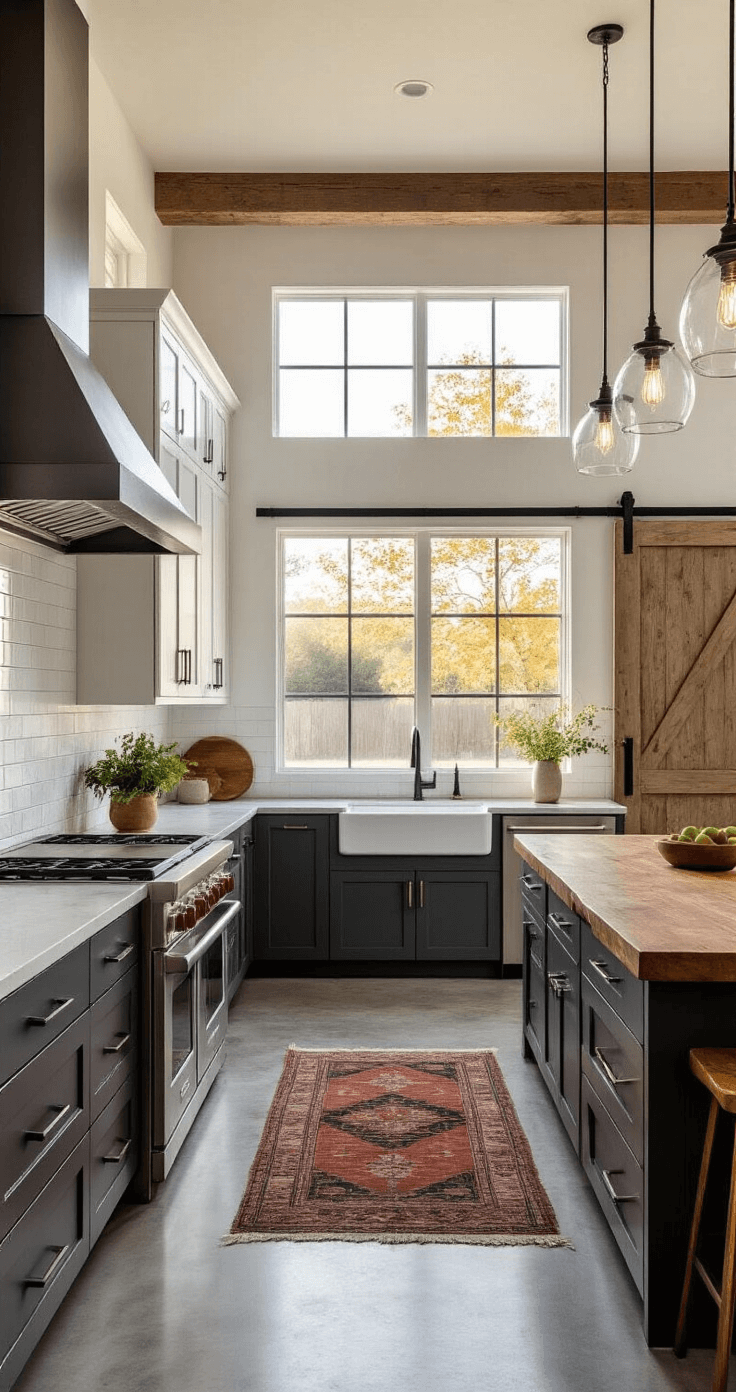 A modern farmhouse kitchen with deep charcoal gray lower cabinets and crisp white upper cabinets, featuring a live-edge wood island, stainless steel appliances, and pendant lights. Golden hour light filters through industrial-style windows, with a weathered wood sliding barn door leading to a pantry and a vintage Persian rug on concrete floors.