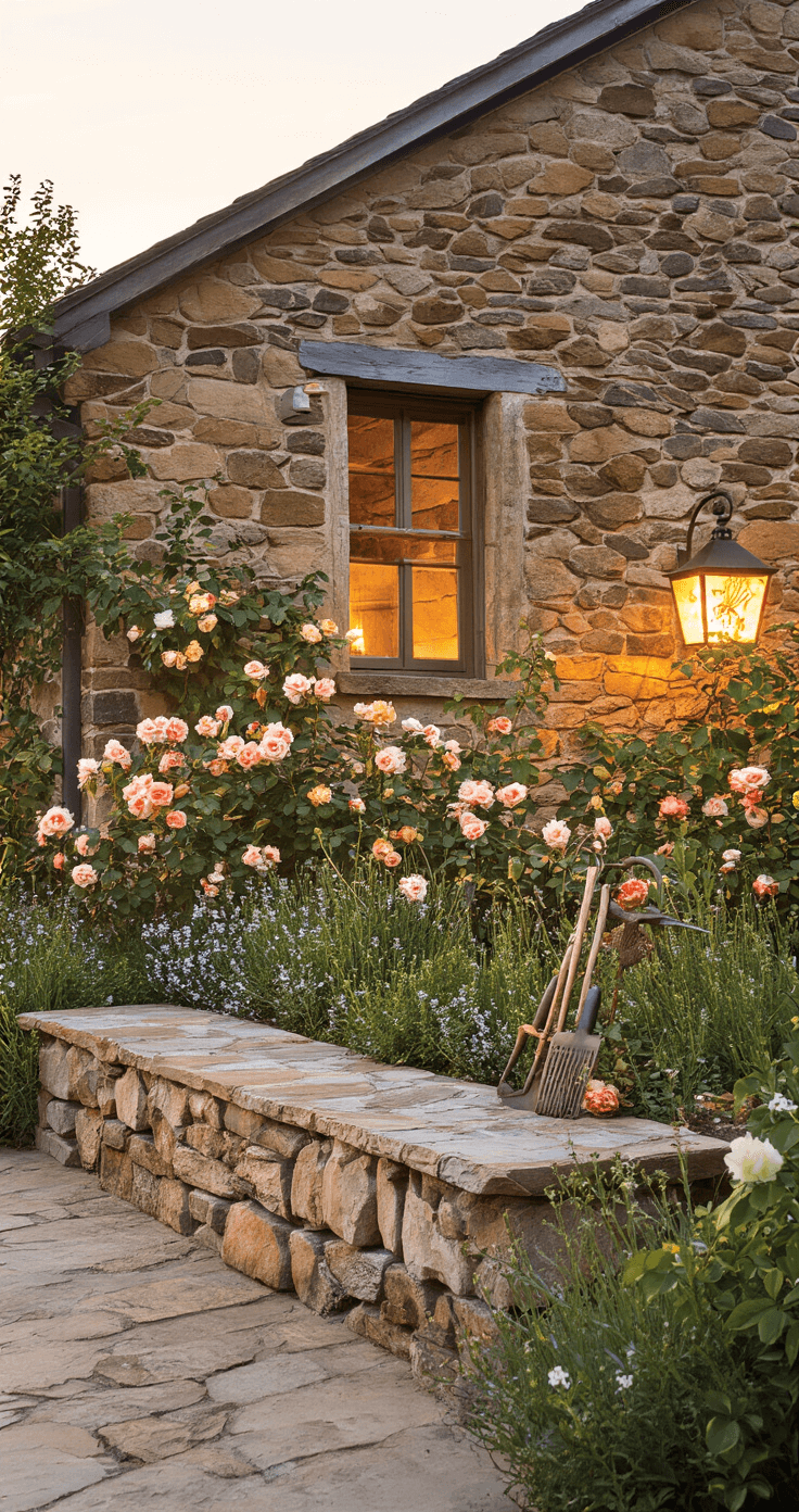 Eye-level view of a rustic farmhouse-style mixed stone bed at sunset, featuring weathered fieldstone and granite in earthy tones, surrounded by heritage roses and flowering herbs, with vintage garden tools leaning against the stones, captured at a slight Dutch angle with warm golden backlight.