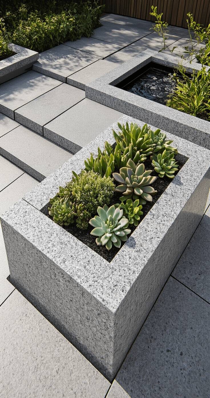 Close-up view of a modernist granite garden bed with clean lines, showcasing floating corner joints and minimal succulent plantings, illuminated by harsh noon light that highlights the granite's silver and charcoal tones, with a subtle water feature enhancing the scene.