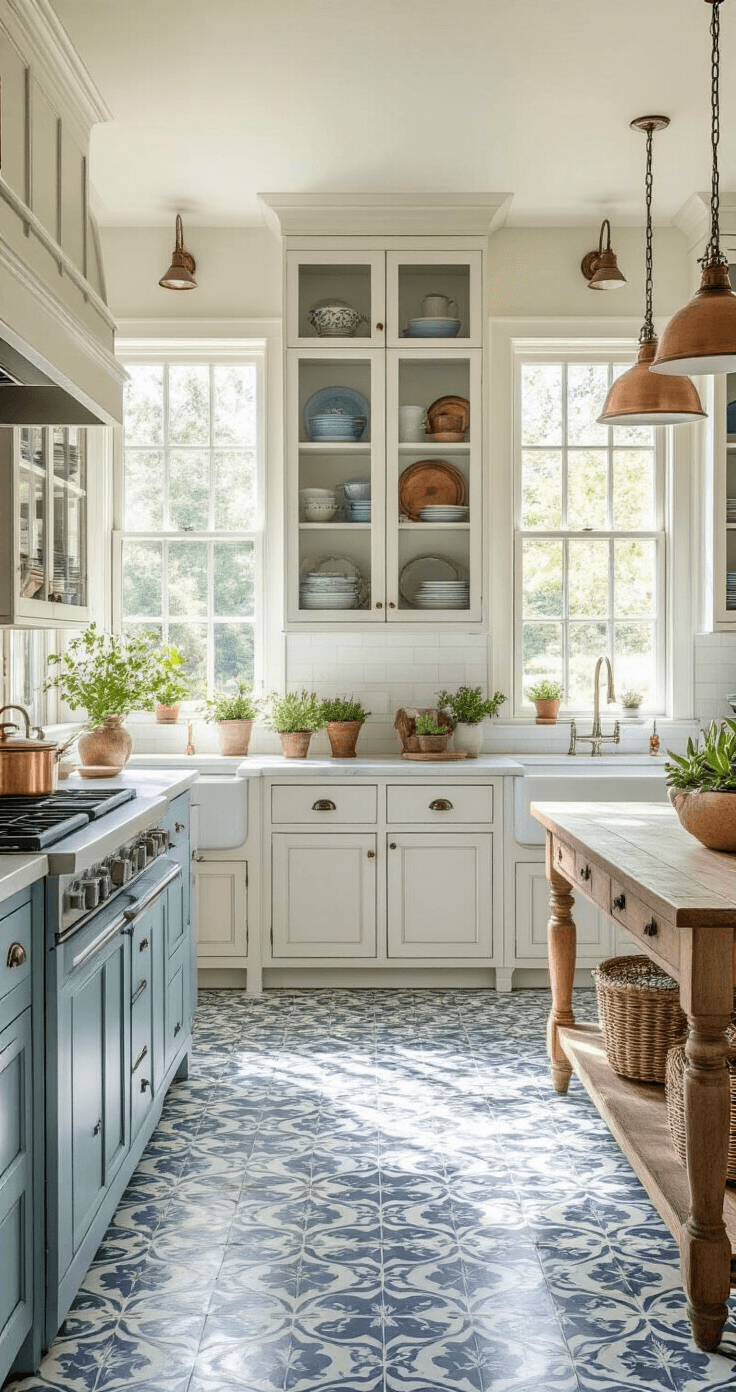 A bright and airy farmhouse kitchen with large windows, distressed white cabinets showcasing colorful dishes, a pale blue island with a white marble top, patterned cement tile floor, open shelving with copper cookware and succulents, a weathered farmhouse table, and vintage pendant lights, all bathed in mid-morning sunlight.