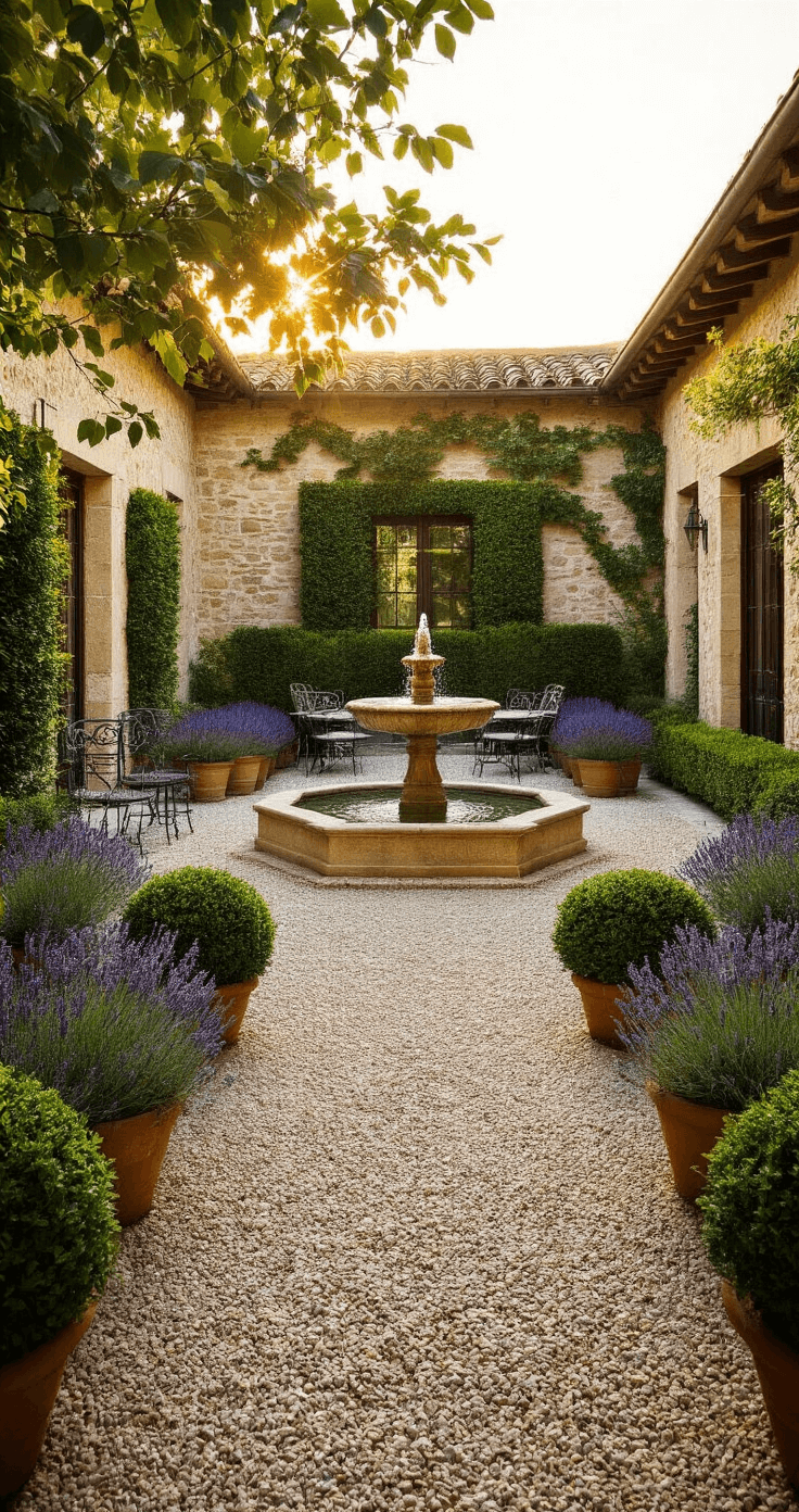 A sunlit limestone courtyard featuring geometric gravel paths, blooming lavender planters, a vintage fountain, manicured boxwood hedges, and a wrought iron bistro set under climbing roses, captured during golden hour.