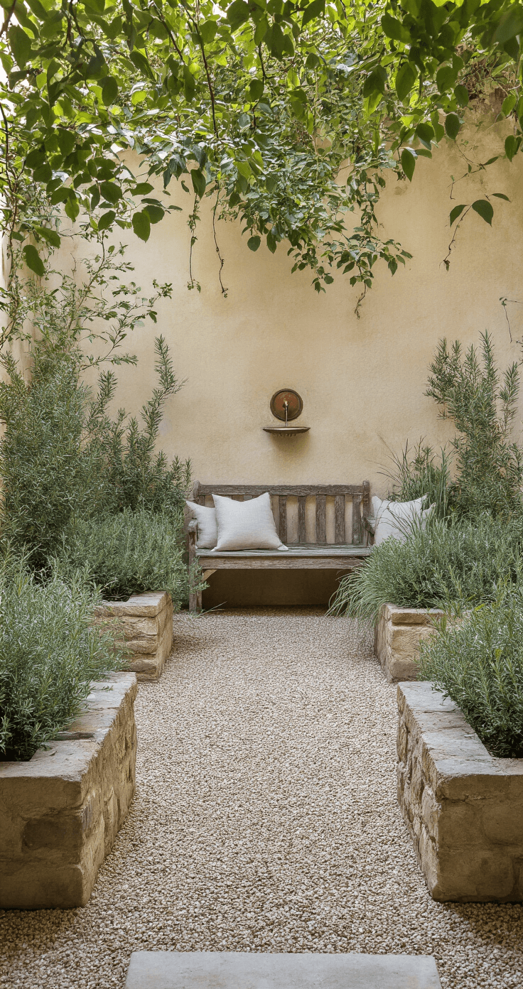 Intimate courtyard at dawn featuring dew-kissed Mediterranean herbs in stone beds around a gravel circle, with antique zinc planters, a copper wall fountain, and a weathered oak bench draped in jasmine, all bathed in soft creams, sage greens, and weathered blues with morning mist.