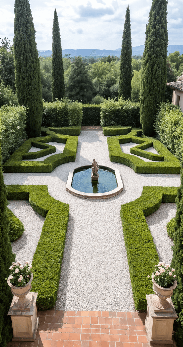 Aerial view of a symmetrical formal courtyard featuring geometric boxwood parterres filled with white gravel, tall Italian cypress trees at the corners, a central stone pool reflecting the sky, aged limestone urns with standard roses, and an intimate seating area with reclaimed terracotta tiles, all presented in a rich earth-toned palette.