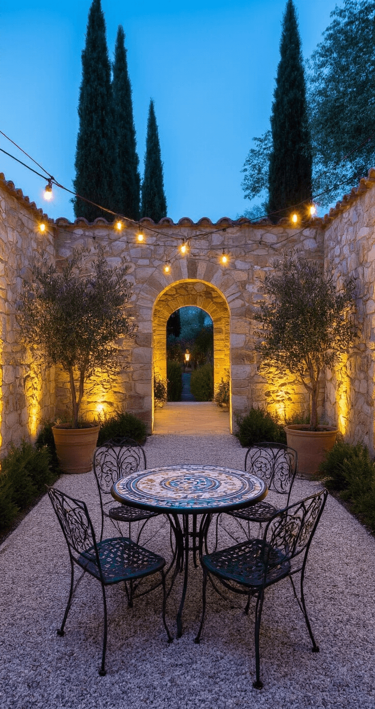 A twilight scene capturing a 18x22ft walled garden from ground level, featuring illuminated stone walls and cypress silhouettes, with string lights overhead. Vintage metal chairs surround a mosaic table, while potted olive trees frame an arched entrance. Gravel pathways shimmer under subtle lighting, and copper lanterns provide a warm glow, all showcased in deep blues and warm yellows with silver-green foliage.