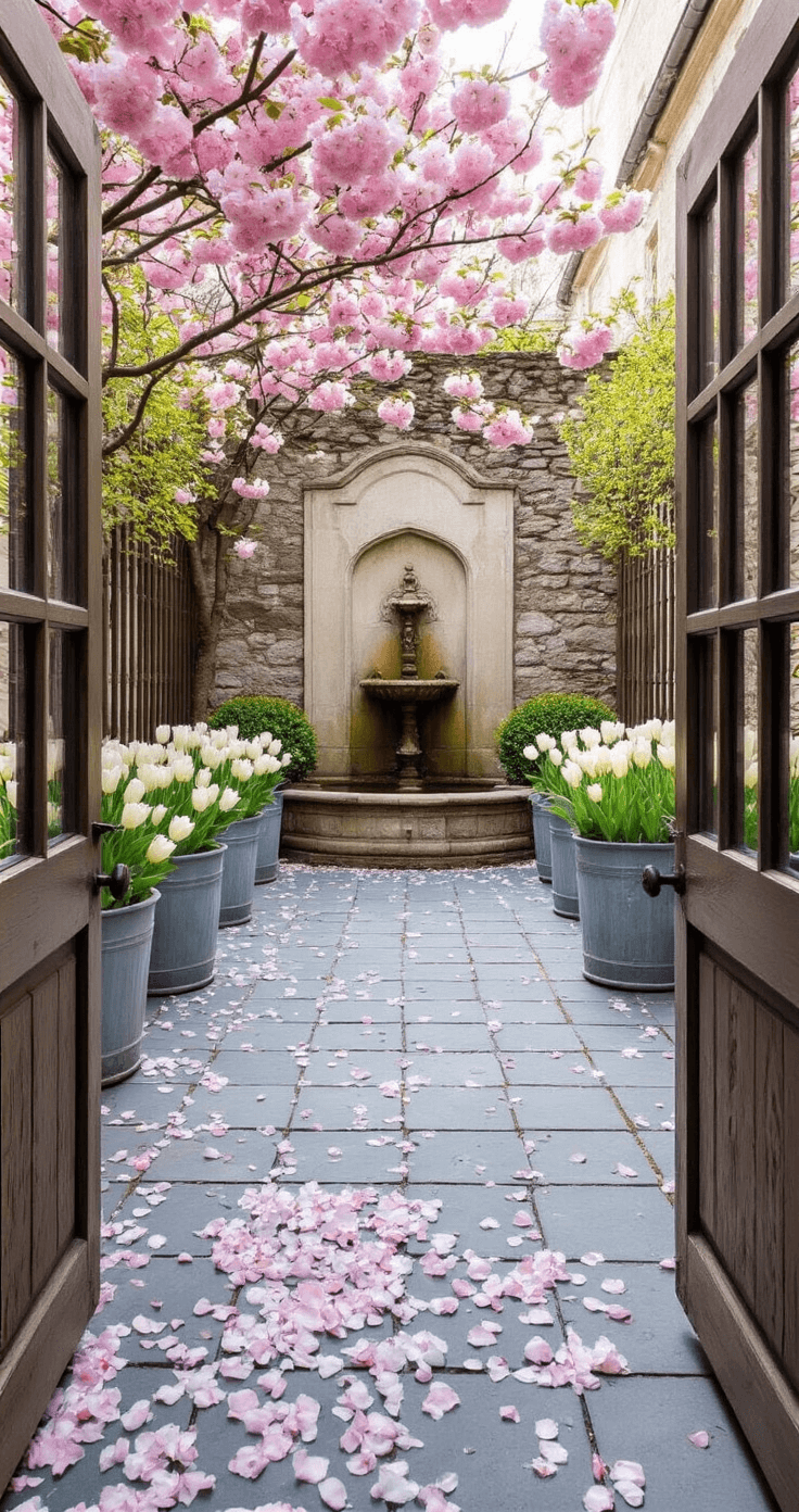 A spring morning courtyard featuring a corner perspective of bluestone pavers scattered with cherry blossom petals. Zinc planters filled with white tulips and grape hyacinth flank an antique stone wall fountain at the center. Weathered wooden gates with vintage hardware add charm, while espaliered pear trees line the walls, all illuminated by soft natural light.