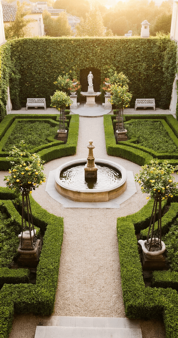 Late afternoon view from above of a formal courtyard featuring a parterre garden with boxwood hedges, a central limestone water basin, potted lemon trees, and gravel paths lined with classical statuary and iron obelisks. Stone benches are nestled in hedge alcoves, all illuminated by warm, golden hour light.