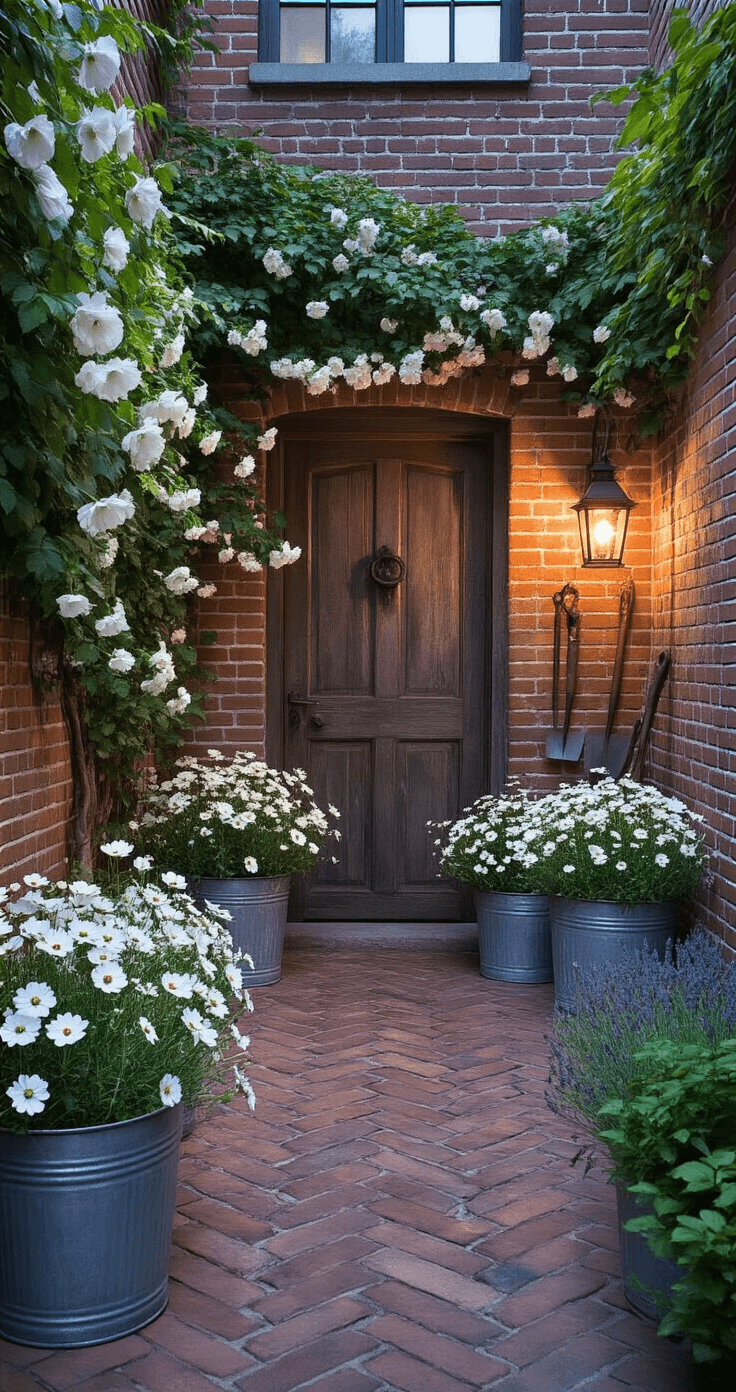 A charming dusk courtyard featuring vintage zinc planters with white cosmos and lavender, framed by a rustic wooden door. Climbing hydrangea adorns aged brick walls, while metal lanterns create a romantic ambiance over herringbone brick paving. Antique garden tools add artistic detail, all enveloped in deep greens, whites, and aged metals, captured in a moody atmosphere with shallow depth of field.