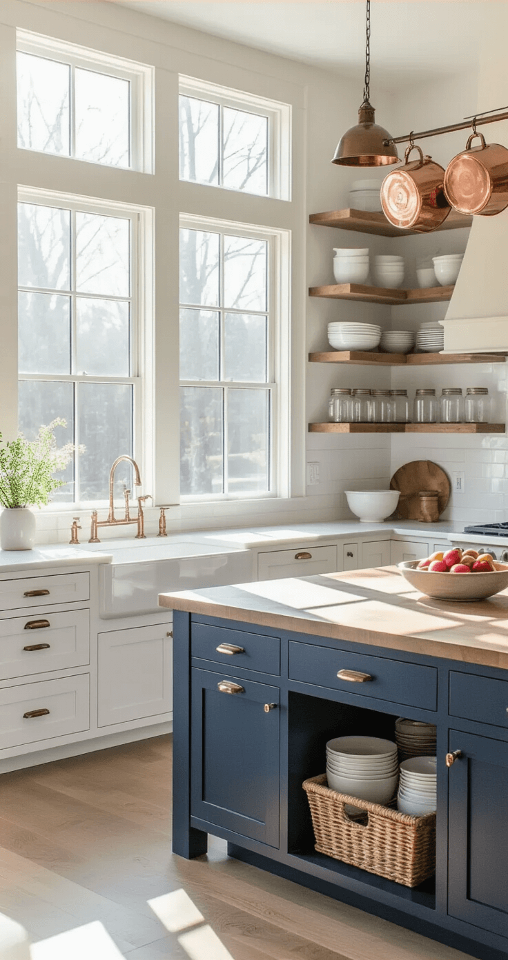 A spacious farmhouse kitchen illuminated by morning light, featuring white shaker-style cabinets, a navy blue island with a butcher block top, open shelving with white dishes, and hanging copper pots.
