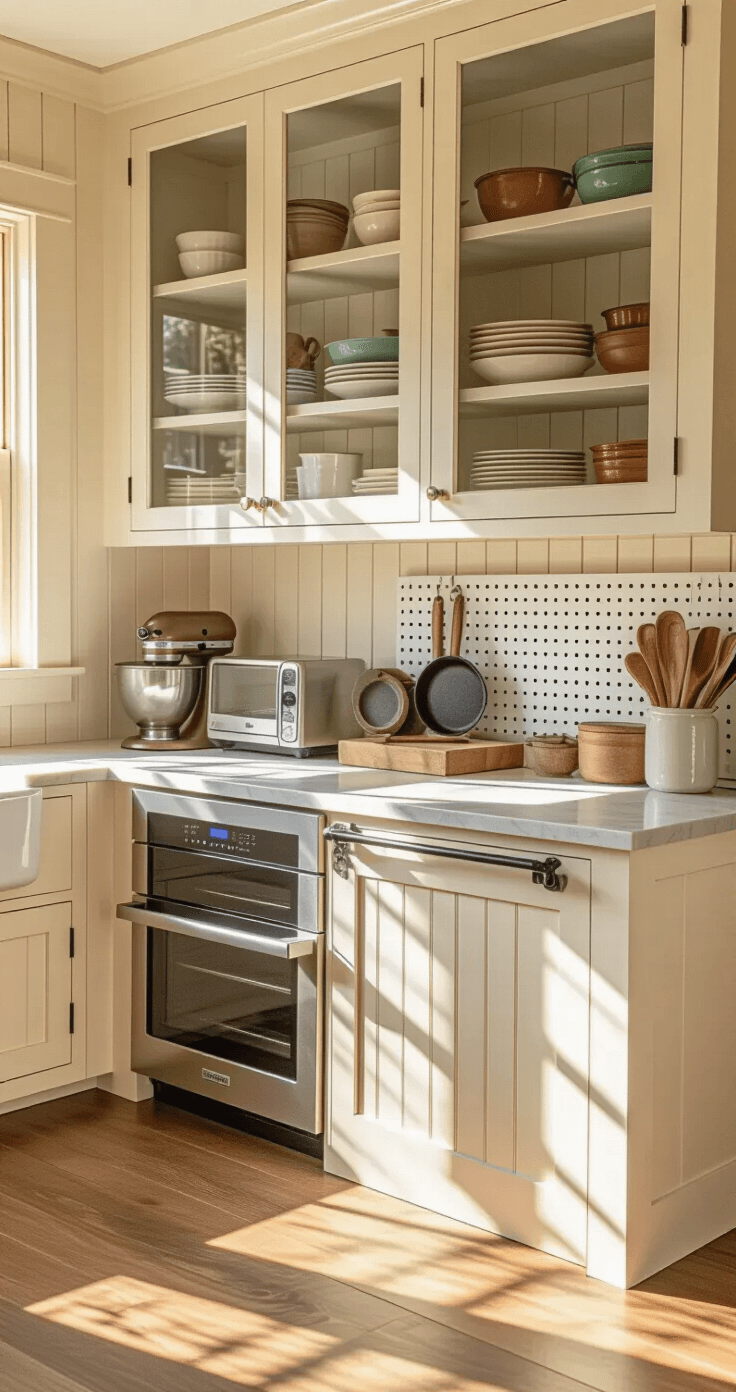 An intimate farmhouse kitchen corner featuring clever storage solutions, with warm cream beadboard walls, a custom appliance garage with a sliding barn door, glass-front upper cabinets displaying colorful dishes, and a distressed white pegboard holding cast iron skillets and wooden utensils, all bathed in soft, golden hour lighting.