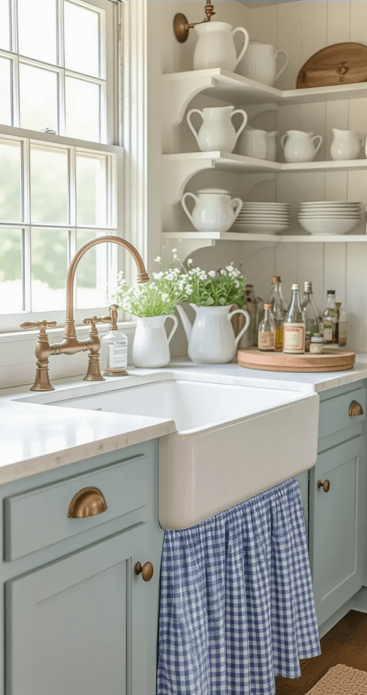 A charming farmhouse kitchen sink area featuring skirted lower cabinets in soft blue and white gingham, a vintage farmhouse sink with brass fixtures, open shelving displaying white ironstone, and a round lazy Susan with clear glass bottles of cooking oils and herbs, all bathed in natural light.