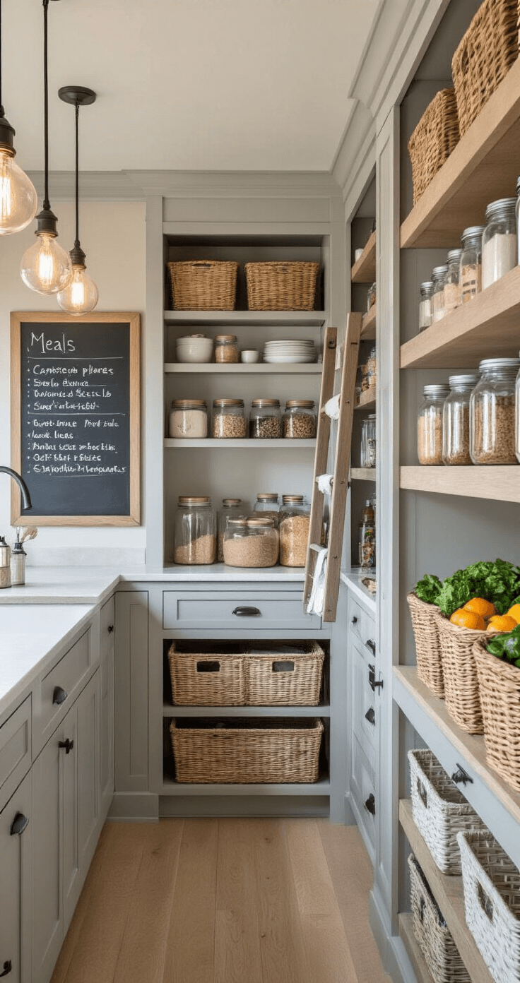 A well-organized farmhouse kitchen pantry with floor-to-ceiling light gray cabinets, pull-out baskets, vertical dividers, and labeled mason jars; illuminated by Edison bulb pendants. A ladder on a rail accesses upper shelves, with open shelving showcasing woven baskets of fresh produce and a chalkboard listing meal plans, captured from a wide angle to highlight the storage area's height and depth.