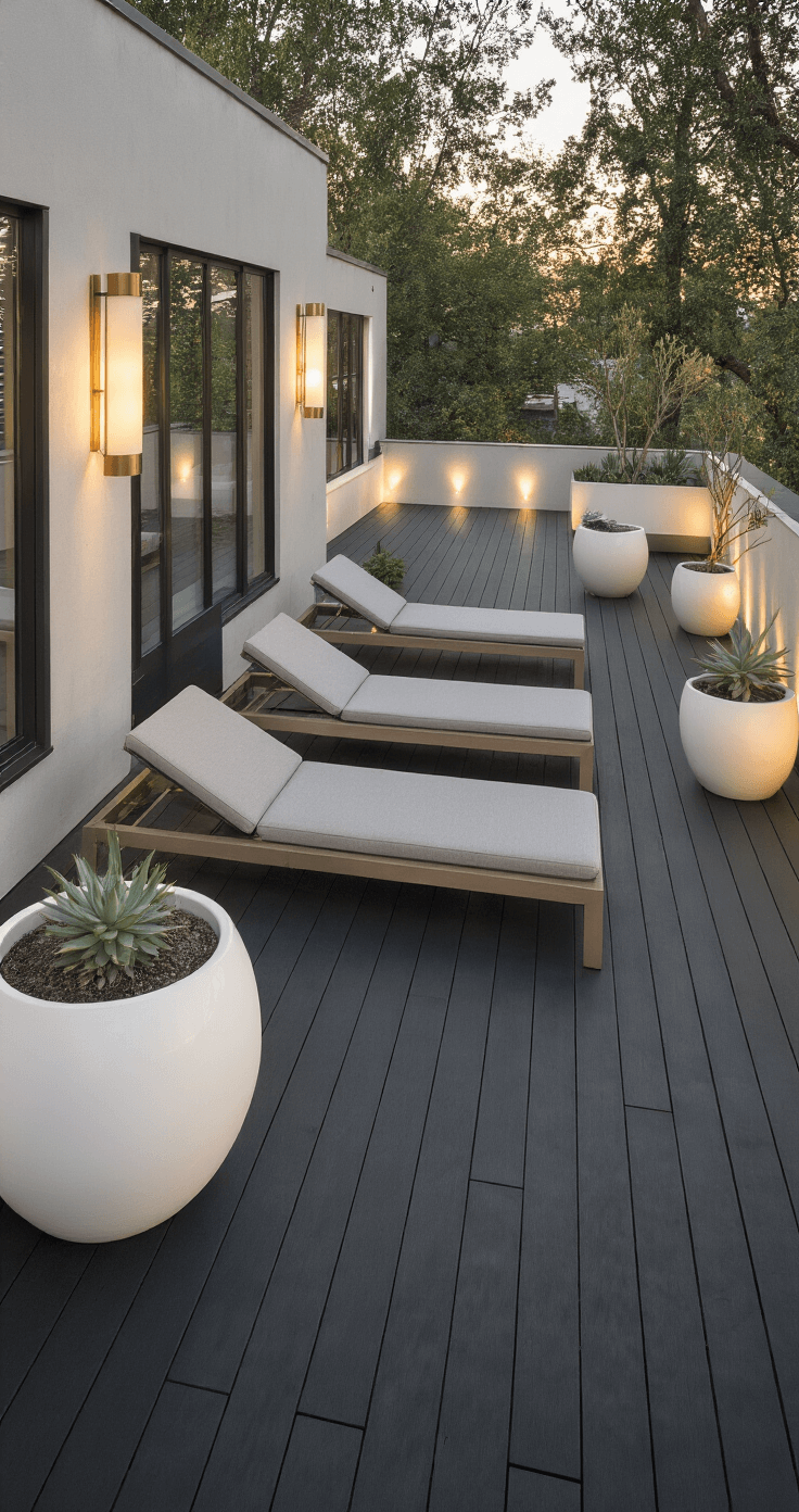 A minimalist black elevated deck at sunset, featuring light gray loungers, strategic uplighting, brass sconces, and oversized white planters with architectural succulents, captured from an angle that emphasizes geometric patterns.