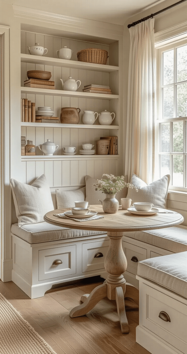 A cozy farmhouse breakfast nook featuring a built-in bench with storage drawers, plush cushions, a round weathered oak table set with earthenware plates, and a mix of open and closed shelving displaying vintage teacups and cookbooks, all illuminated by soft morning light.