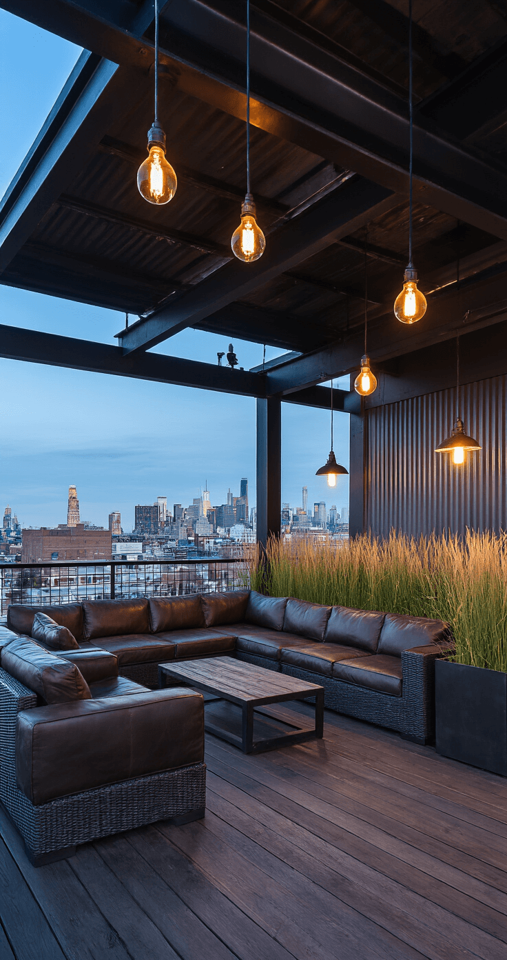 An expansive black deck features a weathered leather sectional and industrial pendant lights, with corrugated metal planters of tall grasses providing privacy. The scene captures the early evening blue hour, showcasing a metropolitan skyline in the background.