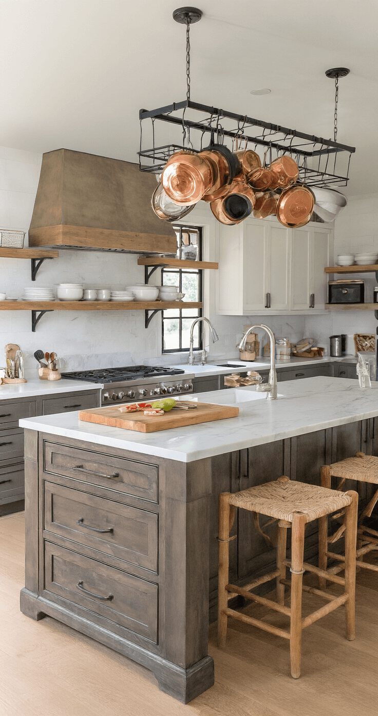 A bird's-eye view of a farmhouse kitchen island featuring multi-functional storage with deep drawers, open shelving, and a built-in wine rack, topped with a butcher block and white marble countertop, surrounded by woven bar stools and illuminated by overhead track lighting.